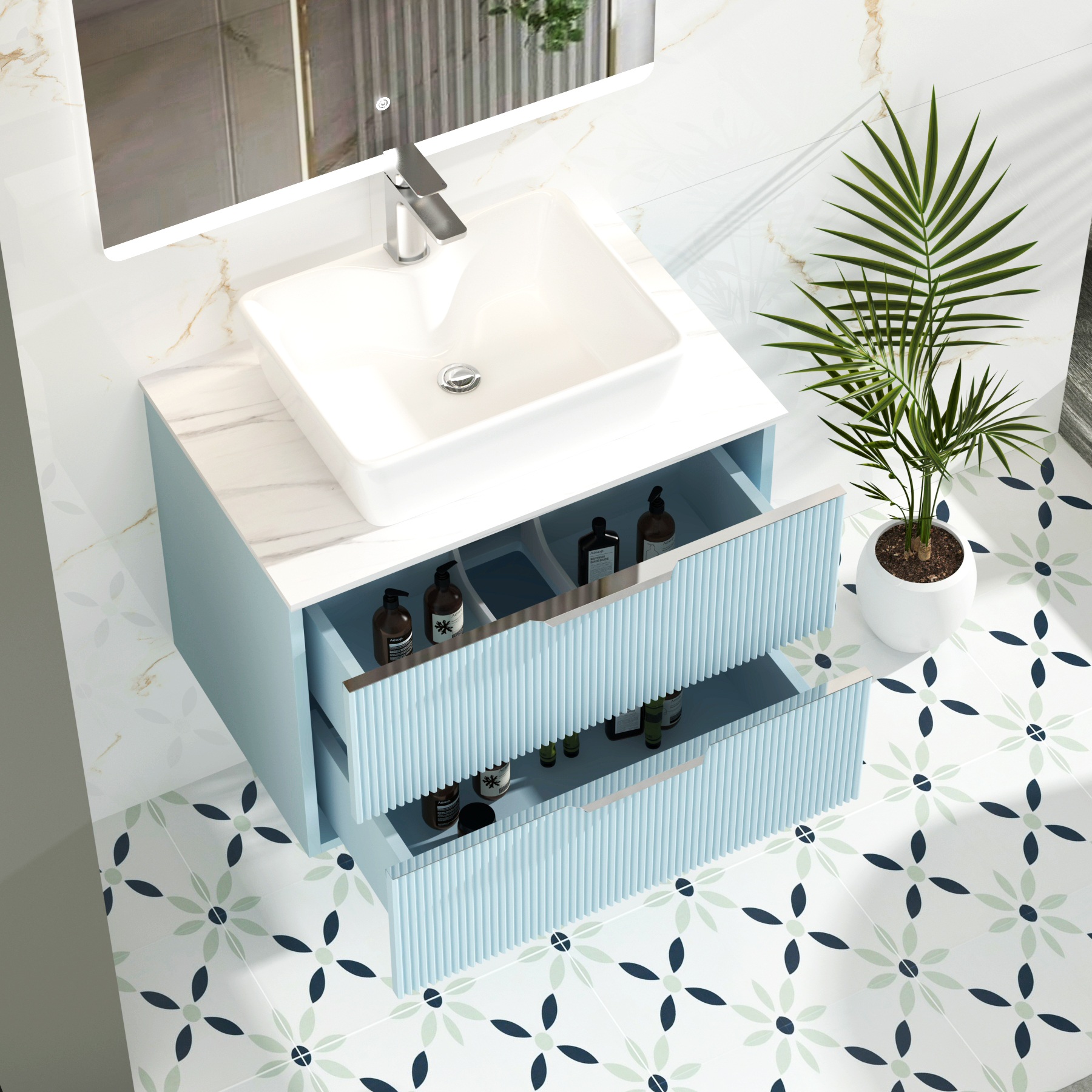 Evora 700mm Powder Blue Fluted Wall Hung Vanity Unit 2 Drawer with Carrara White Worktop