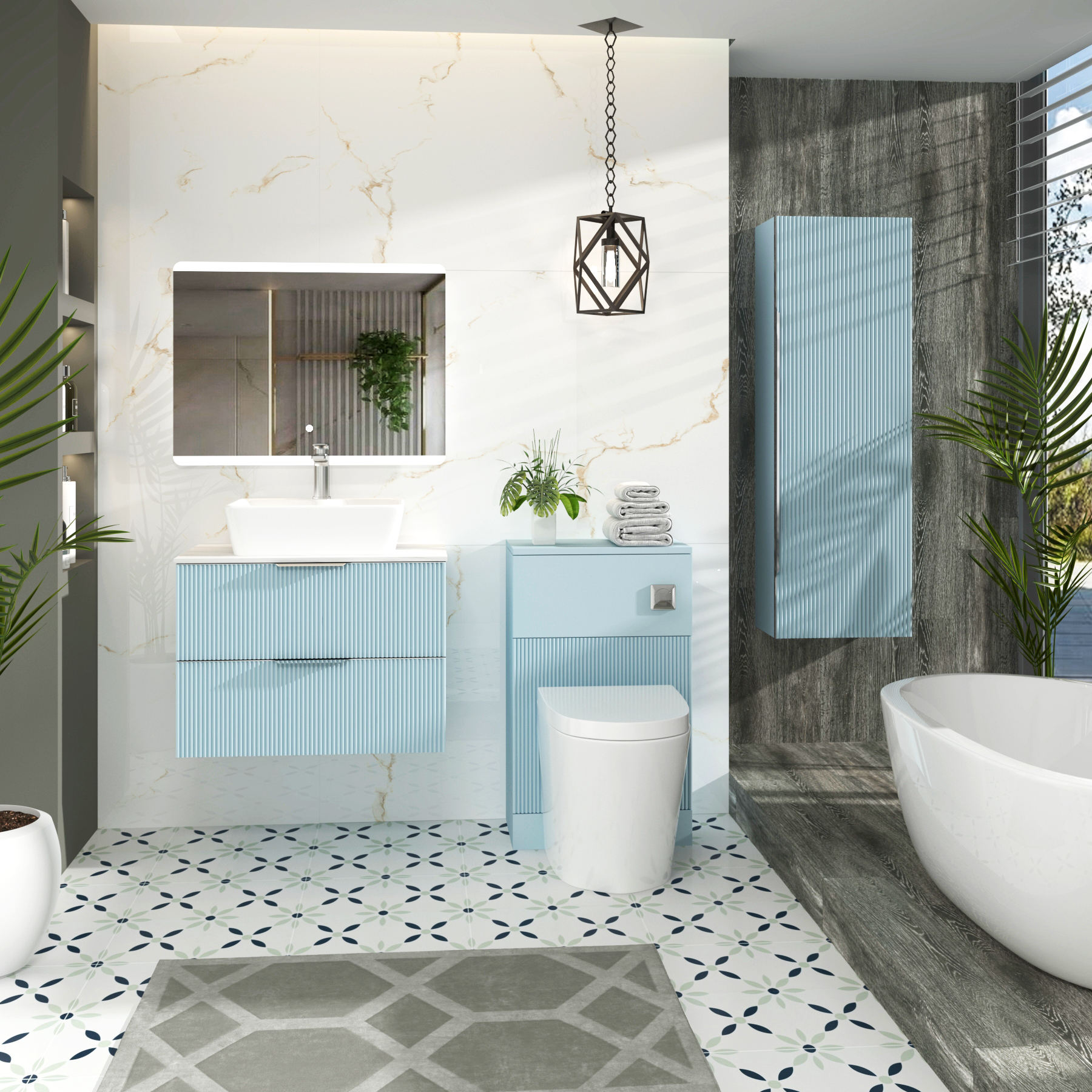 Evora 700mm Powder Blue Fluted Wall Hung Vanity Unit 2 Drawer with Carrara White Worktop