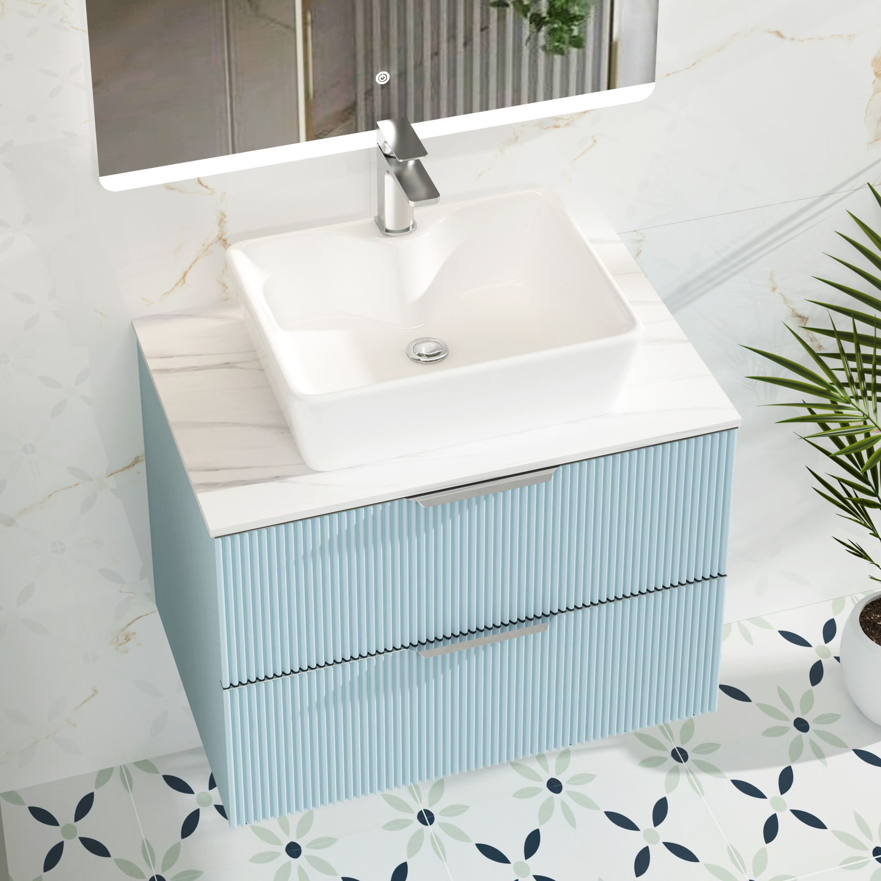 Evora 700mm Powder Blue Fluted Wall Hung Vanity Unit 2 Drawer with Carrara White Worktop
