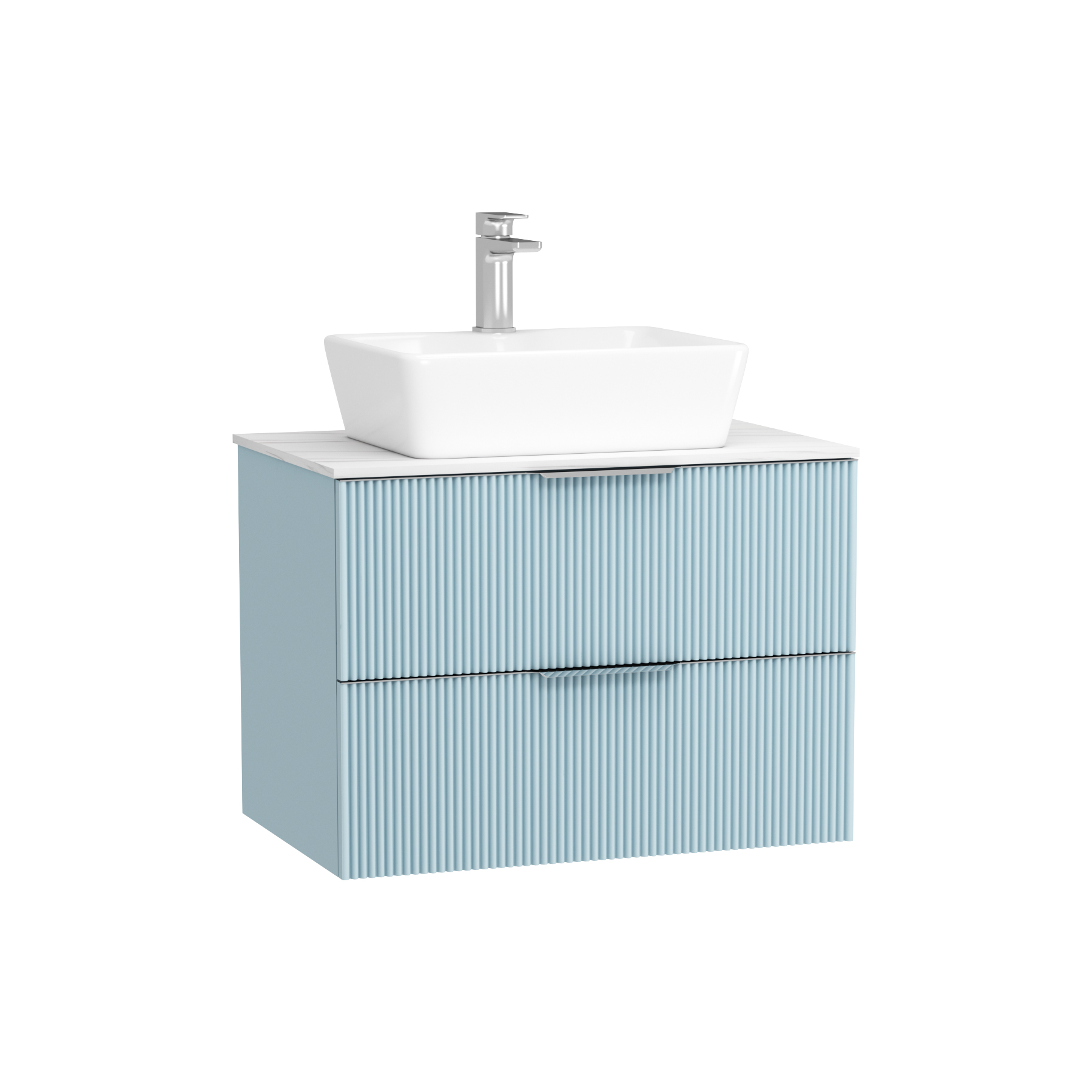 Evora 700mm Powder Blue Fluted Wall Hung Vanity Unit 2 Drawer with Carrara White Worktop