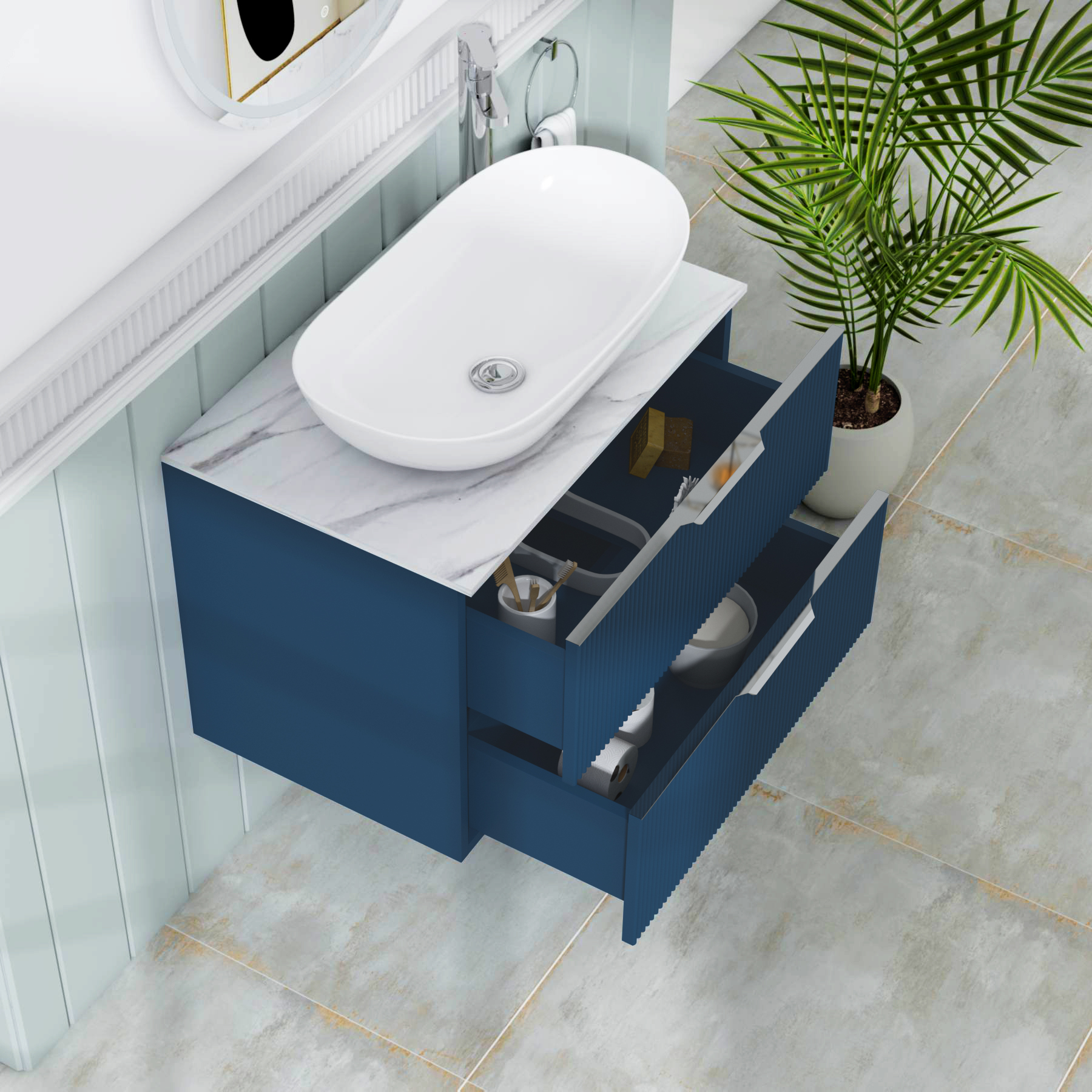 Evora 700mm Midnight Blue Fluted Wall Hung Countertop Vanity Unit 2 Drawer with Cesar Basin
