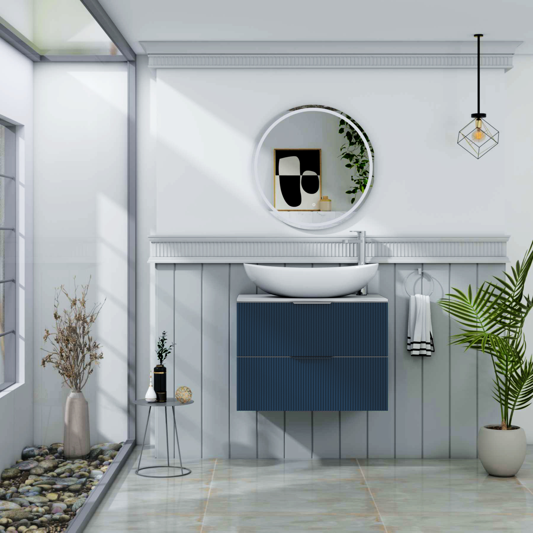 Evora 700mm Midnight Blue Fluted Wall Hung Countertop Vanity Unit 2 Drawer with Cesar Basin