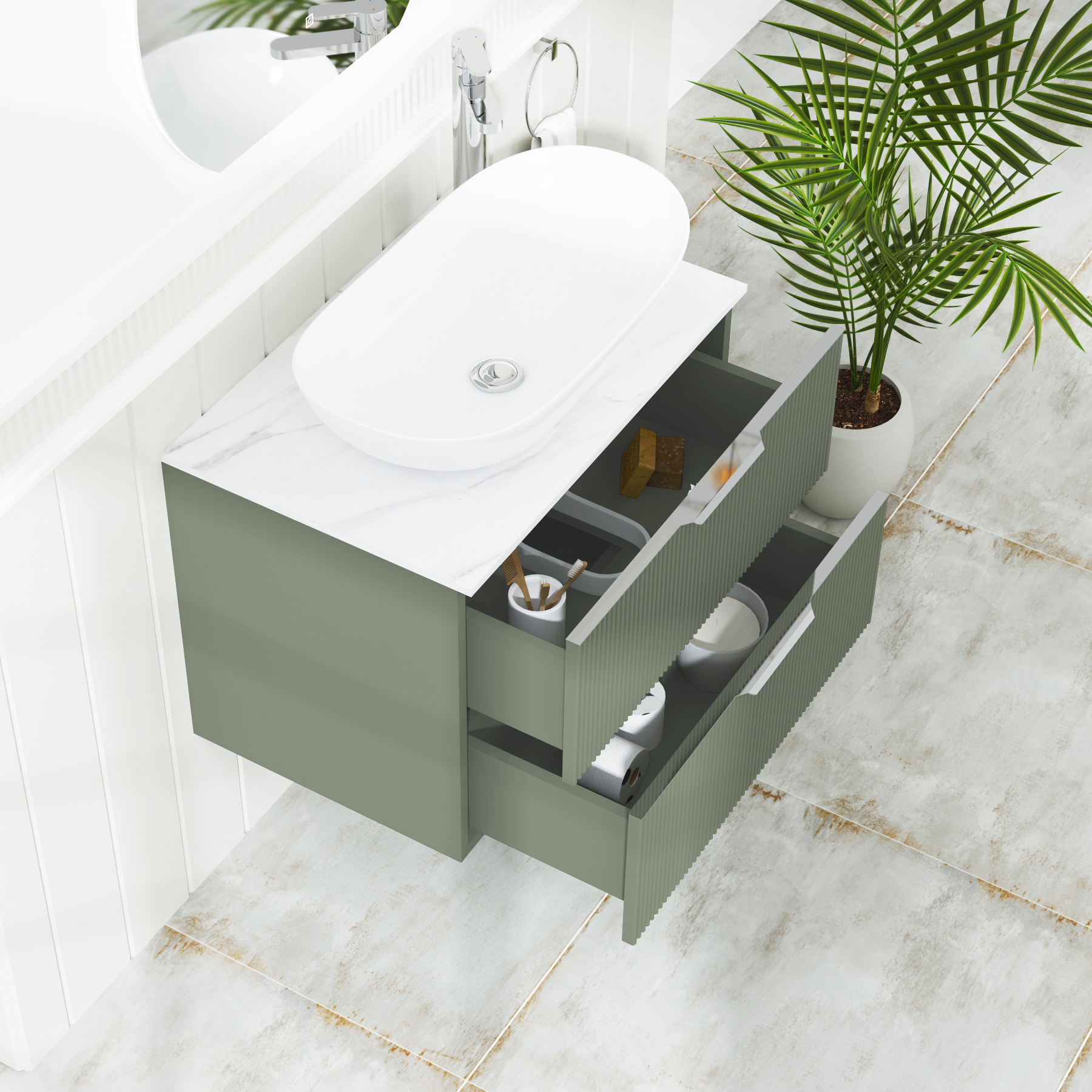 Evora 700mm Sage Green Fluted Wall Hung Countertop Vanity Unit 2 Drawer with Cesar Basin