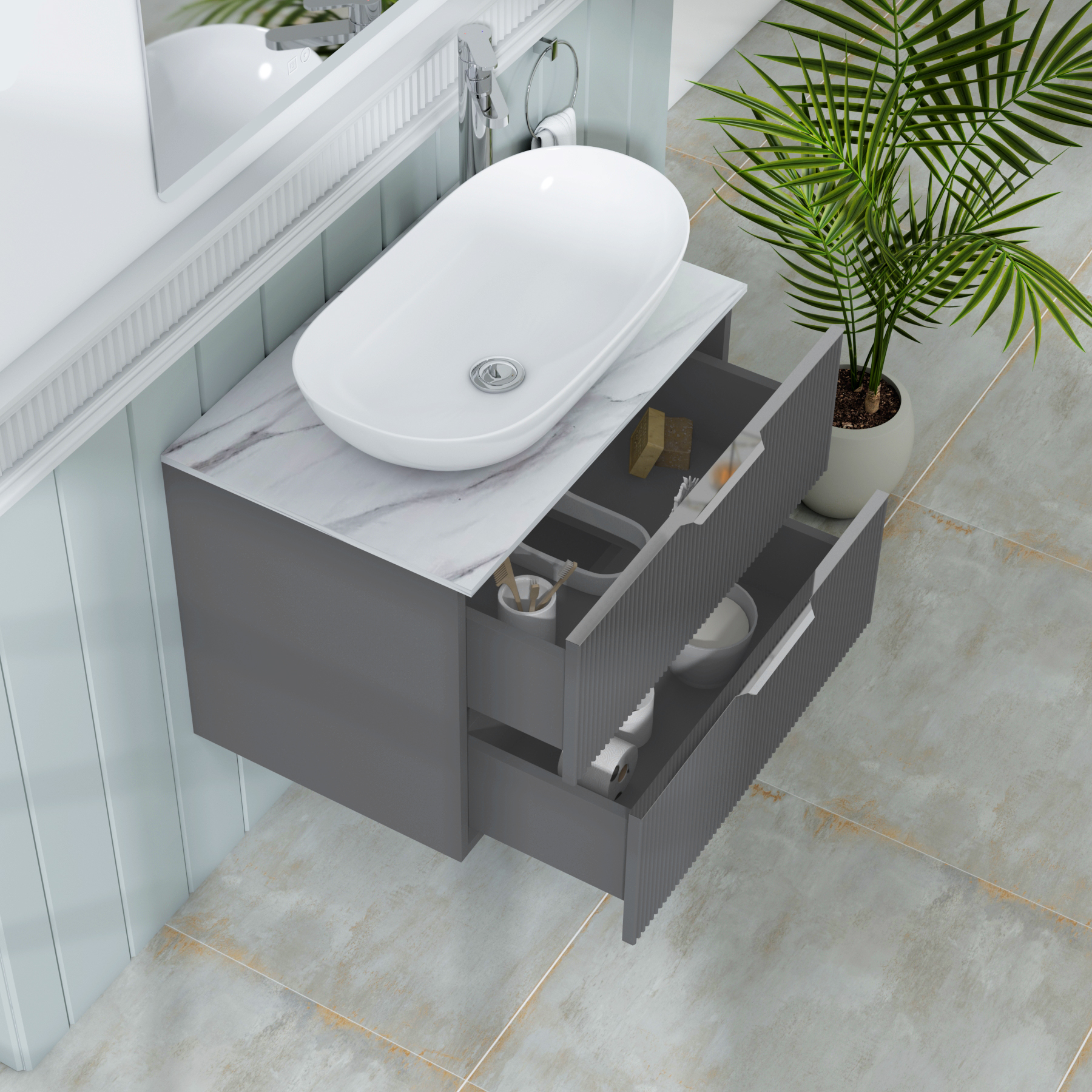 Evora 700mm Graphite Grey Fluted Wall Hung Countertop Vanity Unit 2 Drawer with Cesar Basin