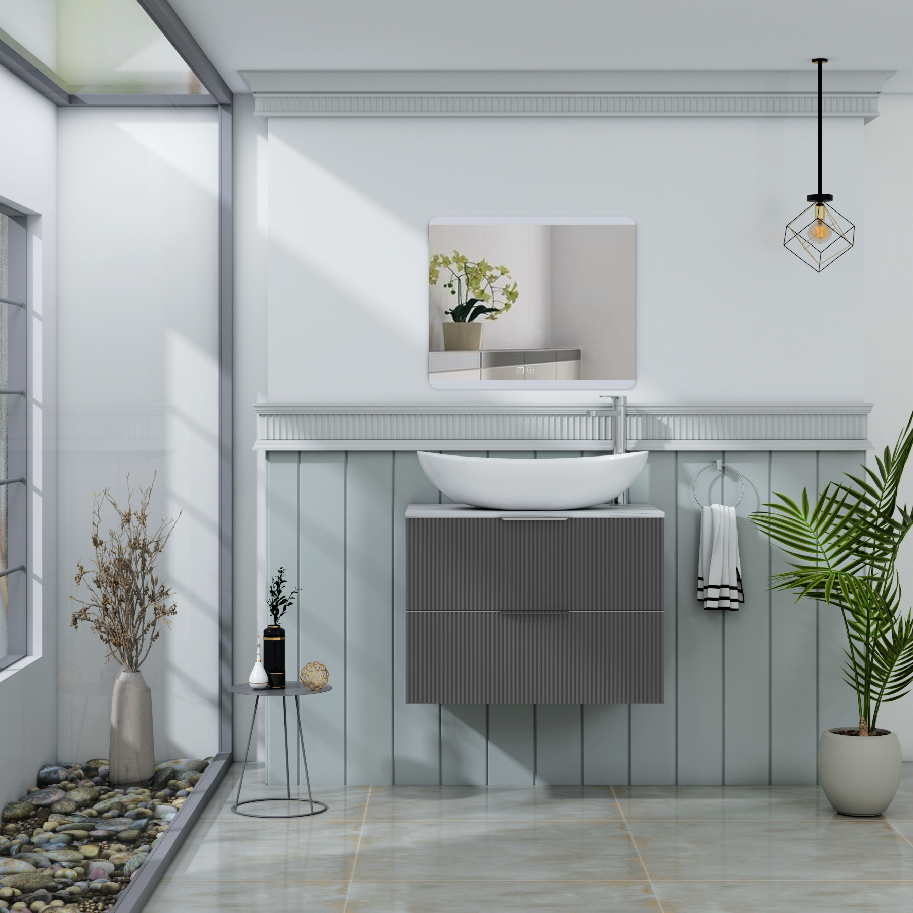 Evora 700mm Graphite Grey Fluted Wall Hung Countertop Vanity Unit 2 Drawer with Cesar Basin