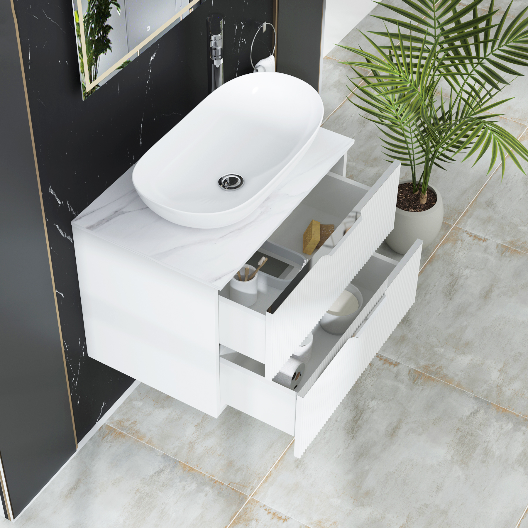 Evora 700mm Matt White Fluted Wall Hung Countertop Vanity Unit 2 Drawer with Cesar Basin
