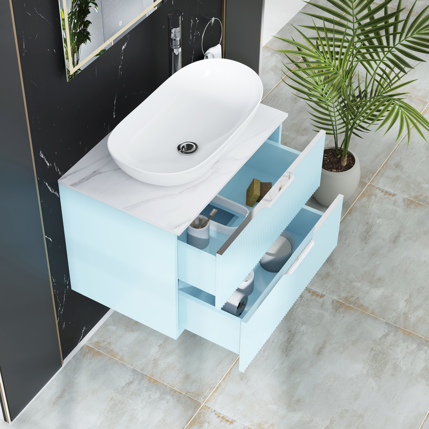 Evora 700mm Powder Blue Fluted Wall Hung Countertop Vanity Unit 2 Drawer with Cesar Basin