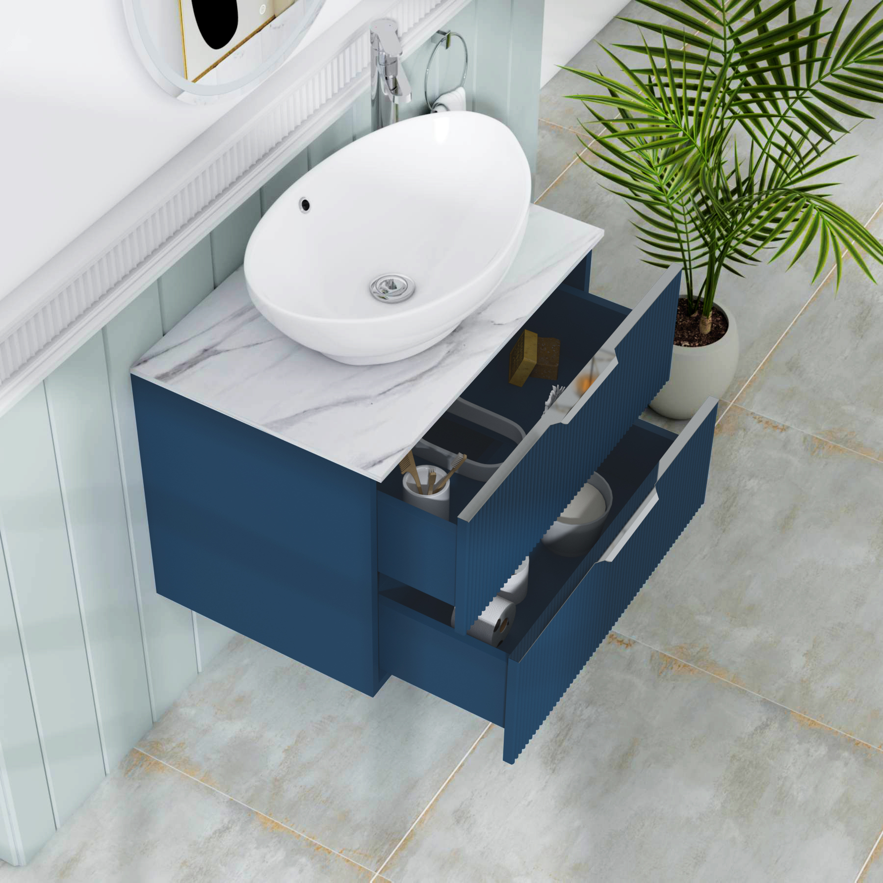 Evora 700mm Midnight Blue Fluted Wall Hung Countertop Vanity Unit 2 Drawer with Amaze Basin