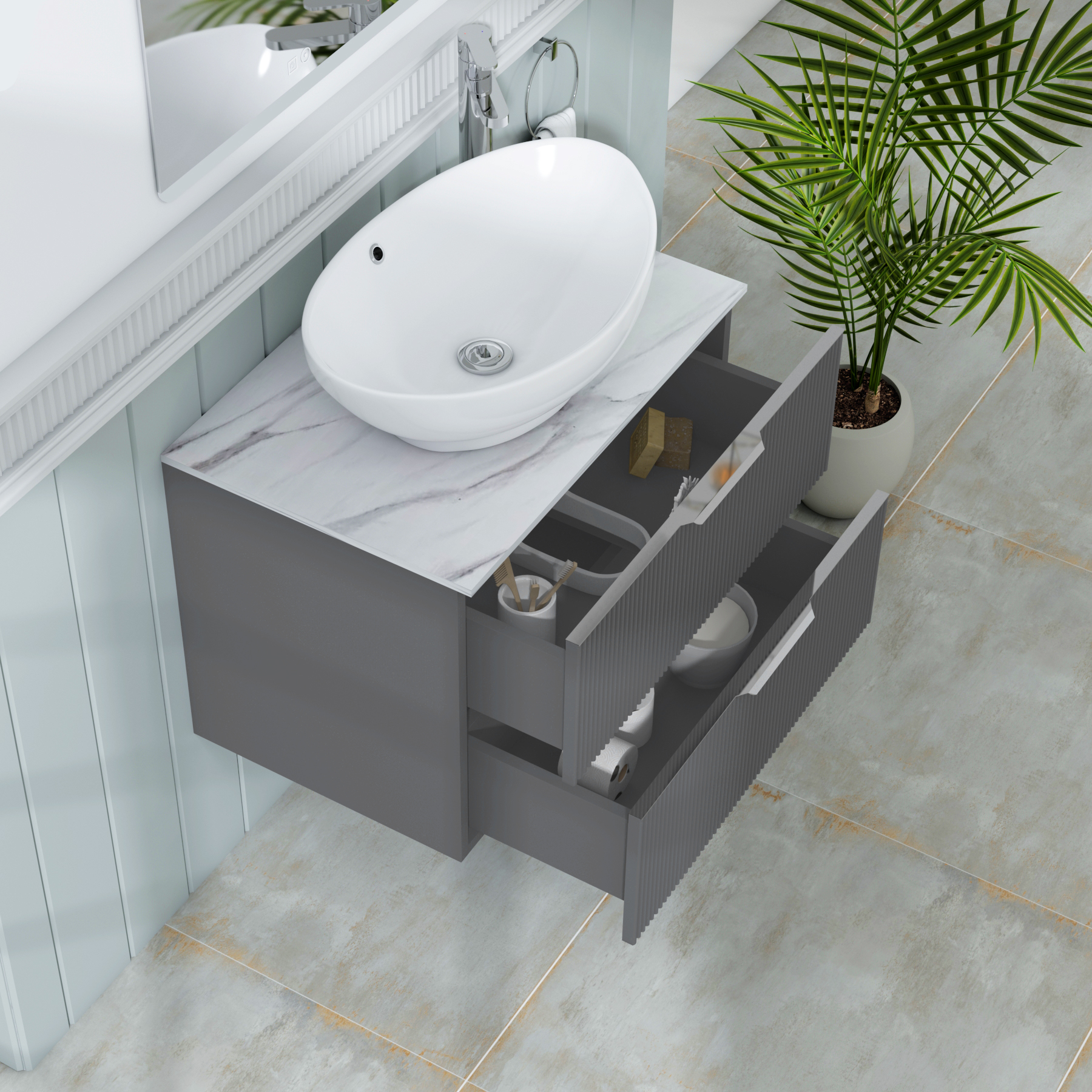 Evora 700mm Graphite Grey Fluted Wall Hung Countertop Vanity Unit 2 Drawer with Amaze Basin