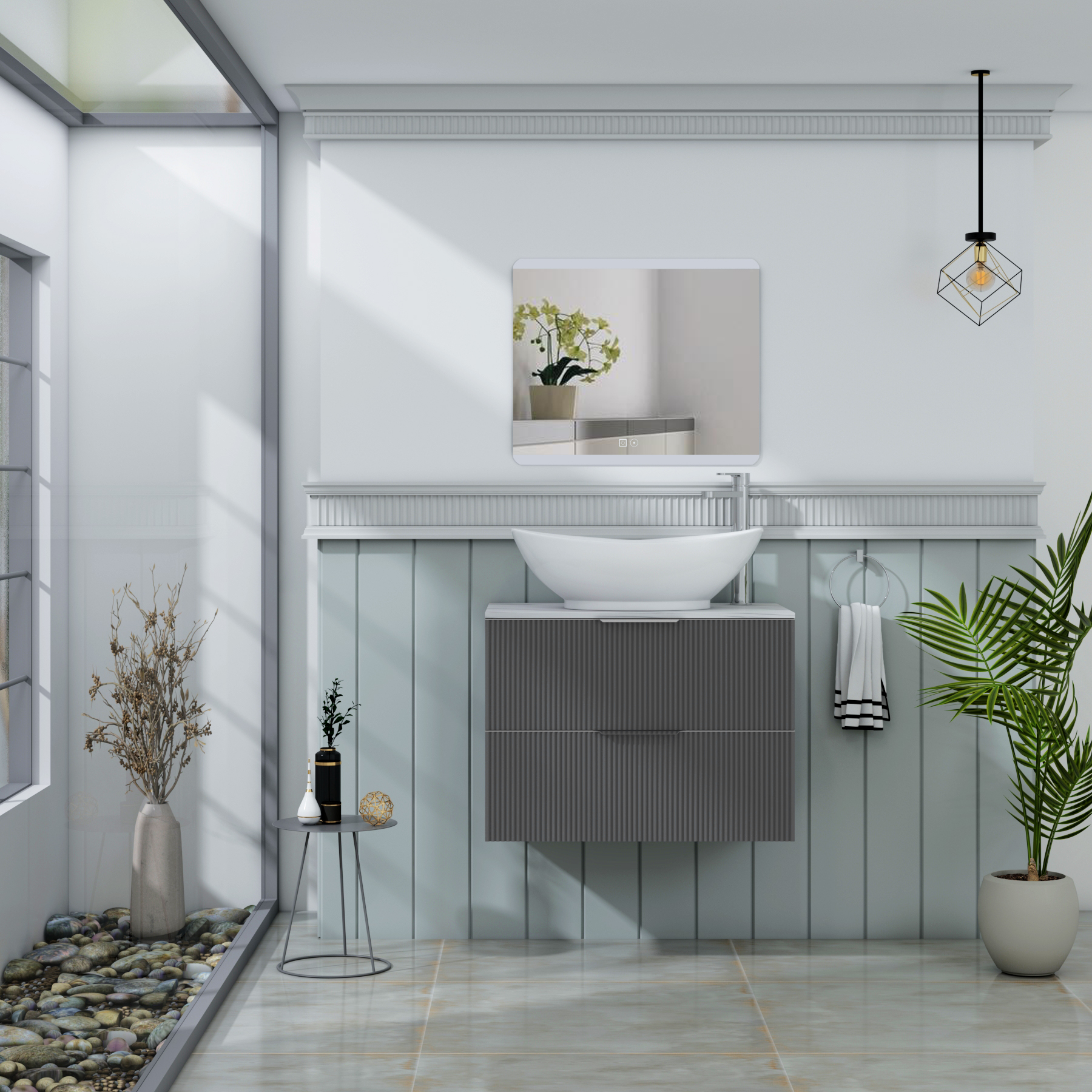 Evora 700mm Graphite Grey Fluted Wall Hung Countertop Vanity Unit 2 Drawer with Amaze Basin