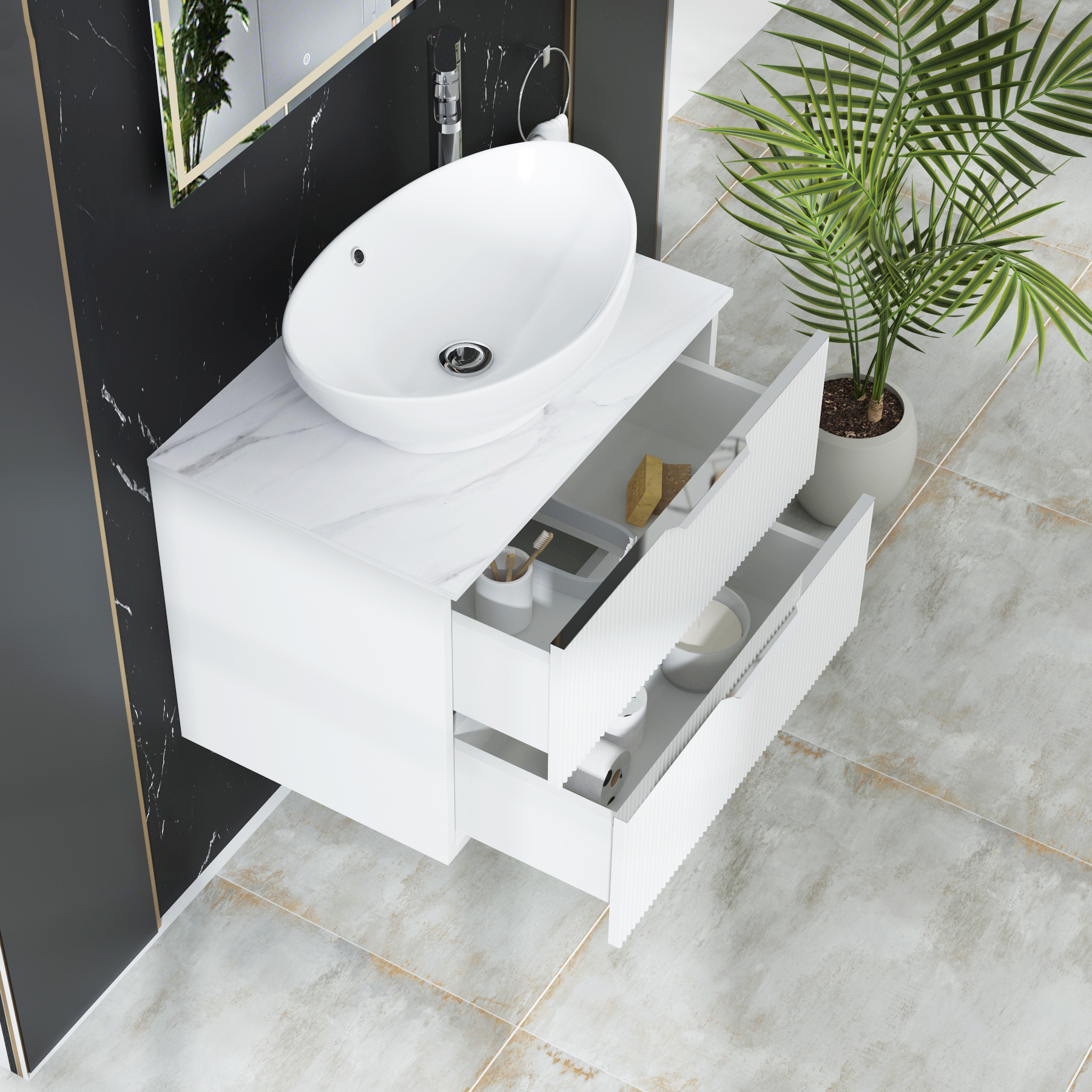 Evora 700mm Matt White Fluted Wall Hung Countertop Vanity Unit 2 Drawer with Amaze Basin