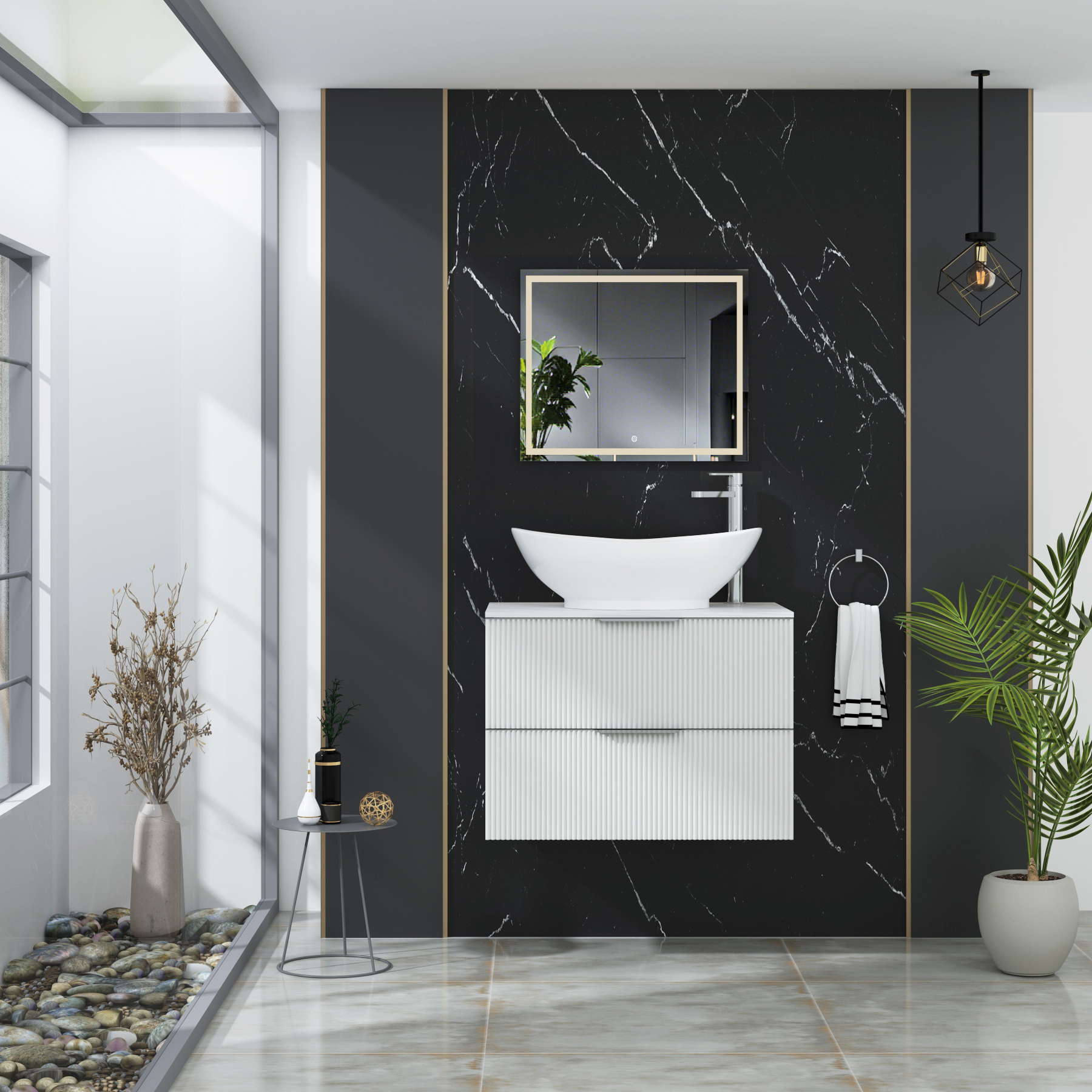 Evora 700mm Matt White Fluted Wall Hung Countertop Vanity Unit 2 Drawer with Amaze Basin