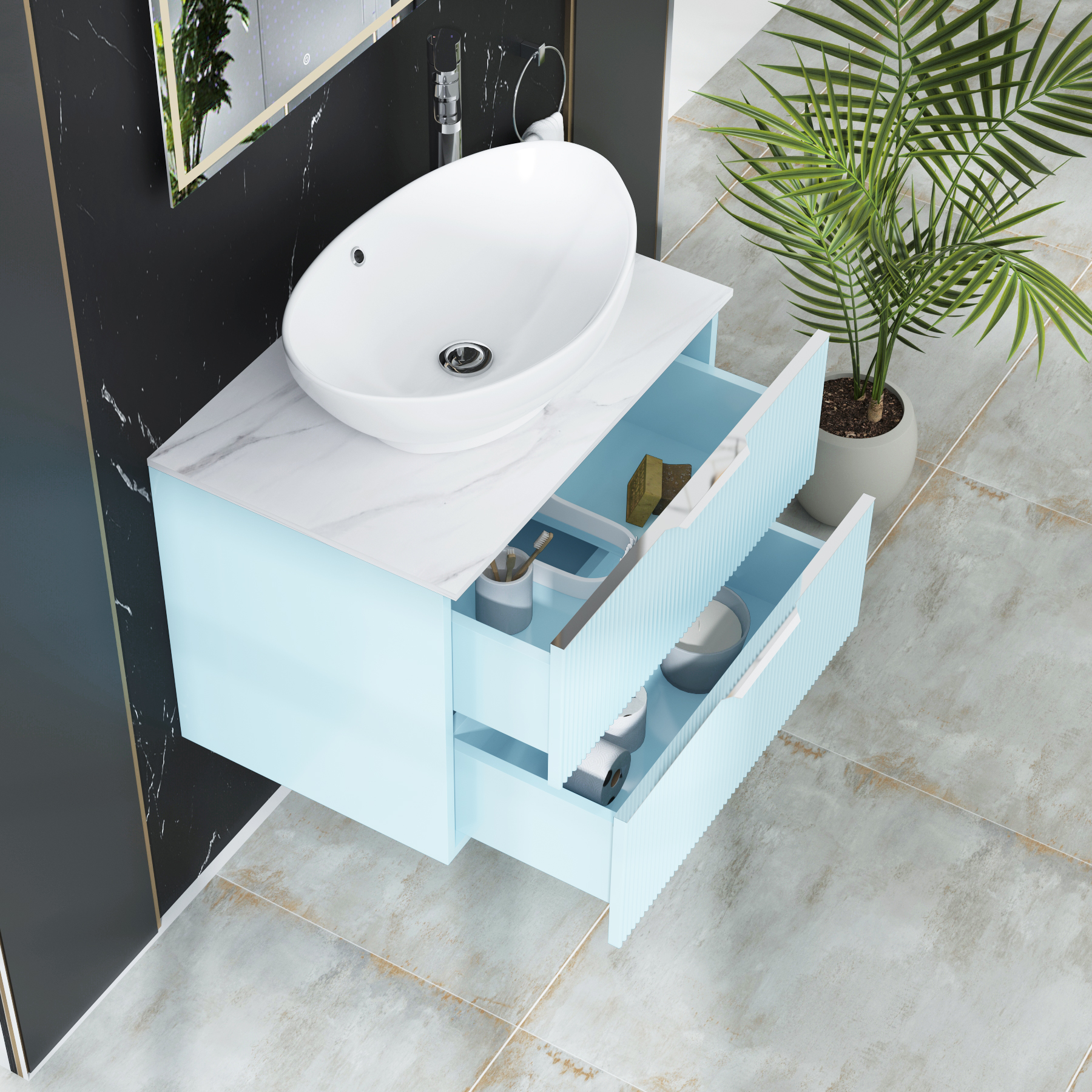 Evora 700mm Powder Blue Fluted Wall Hung Countertop Vanity Unit 2 Drawer with Amaze Basin