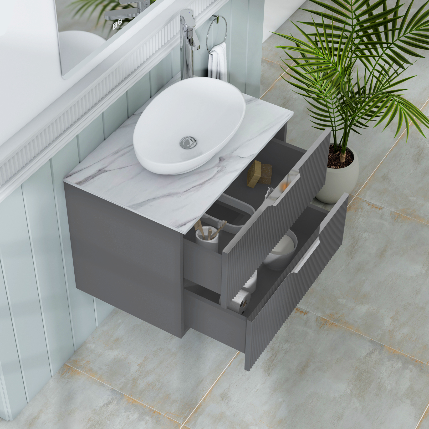 Evora 700mm Graphite Grey Fluted Wall Hung Countertop Vanity Unit 2 Drawer with Nova Basin