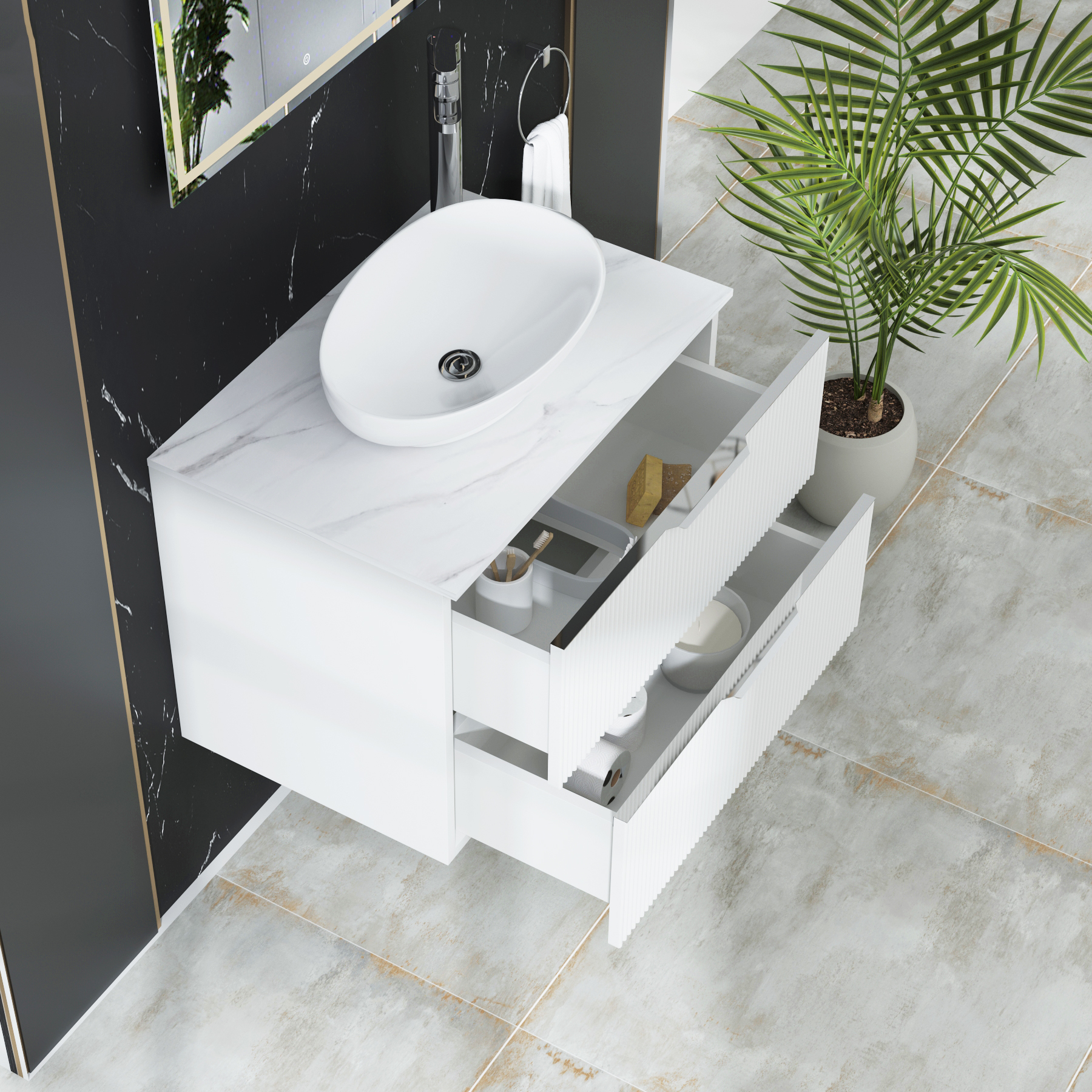 Evora 700mm Matt White Fluted Wall Hung Countertop Vanity Unit 2 Drawer with Nova Basin