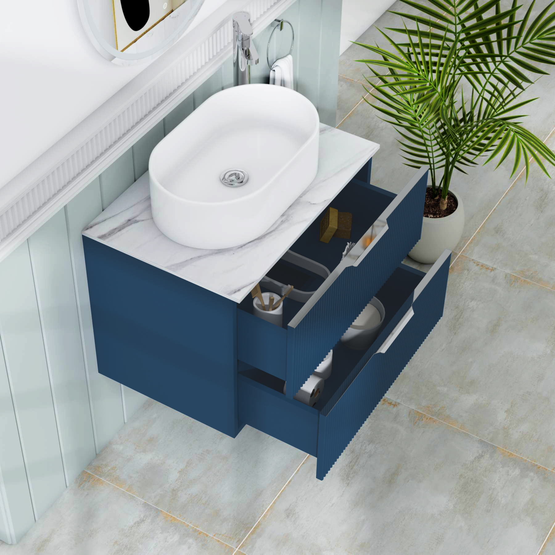 Evora 700mm Midnight Blue Fluted Wall Hung Countertop Vanity Unit 2 Drawer with Peak Basin