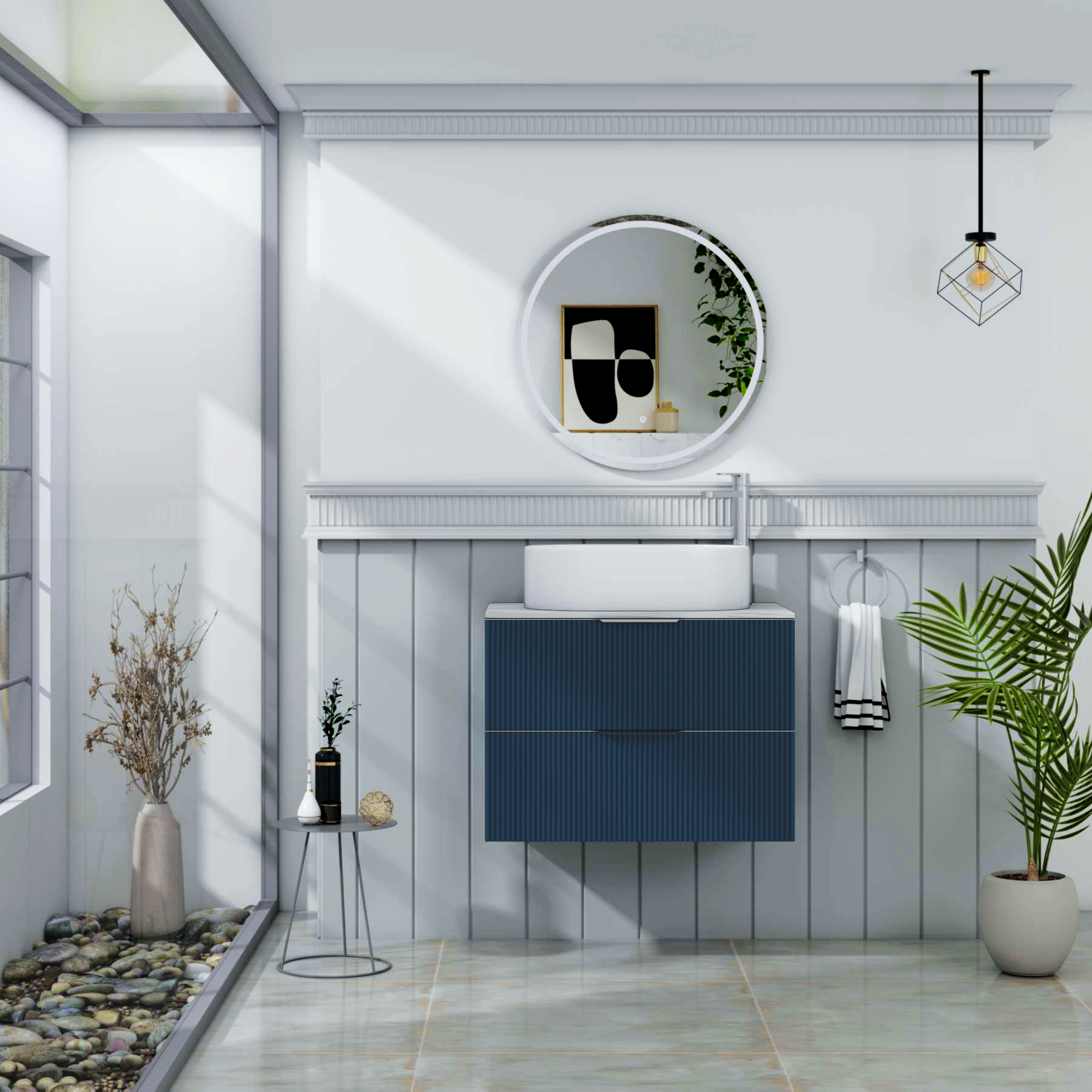 Evora 700mm Midnight Blue Fluted Wall Hung Countertop Vanity Unit 2 Drawer with Peak Basin