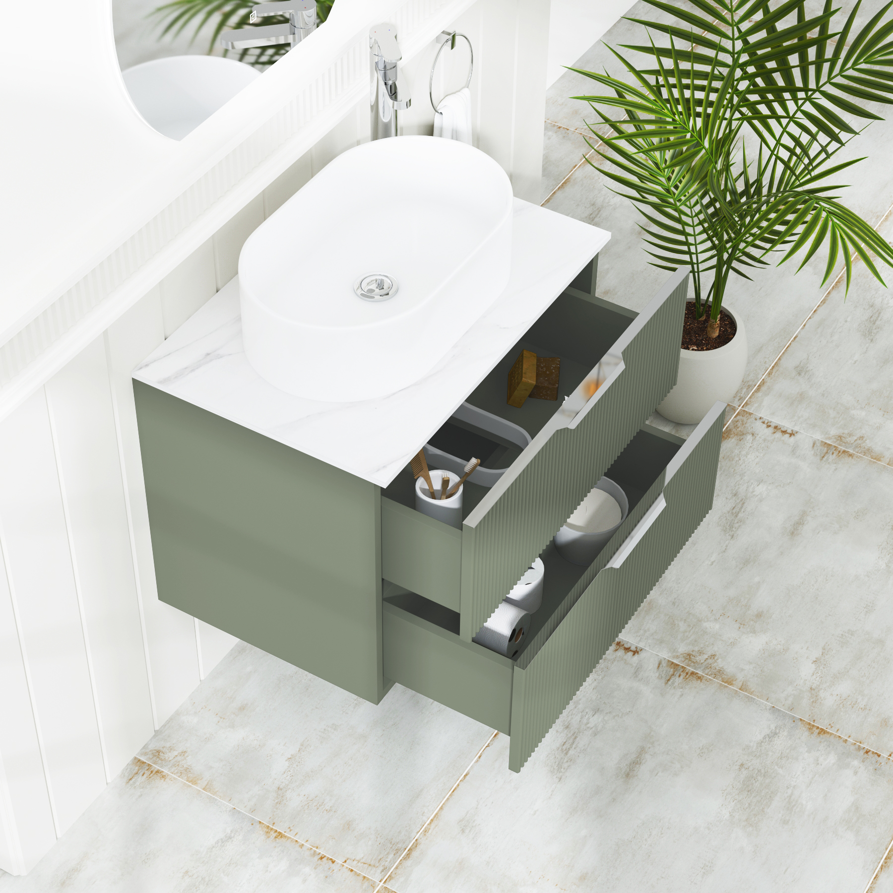 Evora 700mm Sage Green Fluted Wall Hung Countertop Vanity Unit 2 Drawer with Peak Basin