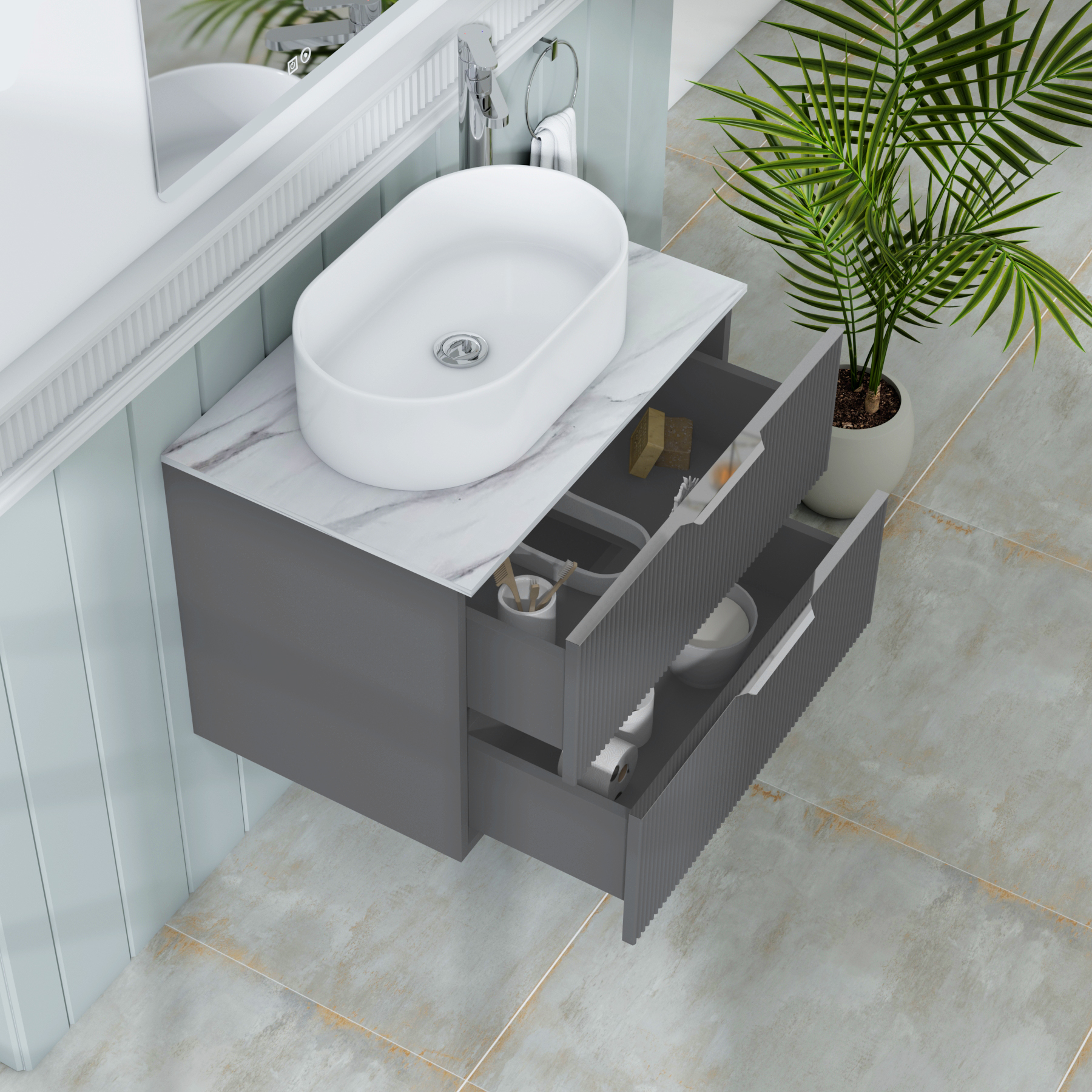 Evora 700mm Graphite Grey Fluted Wall Hung Countertop Vanity Unit 2 Drawer with Peak Basin