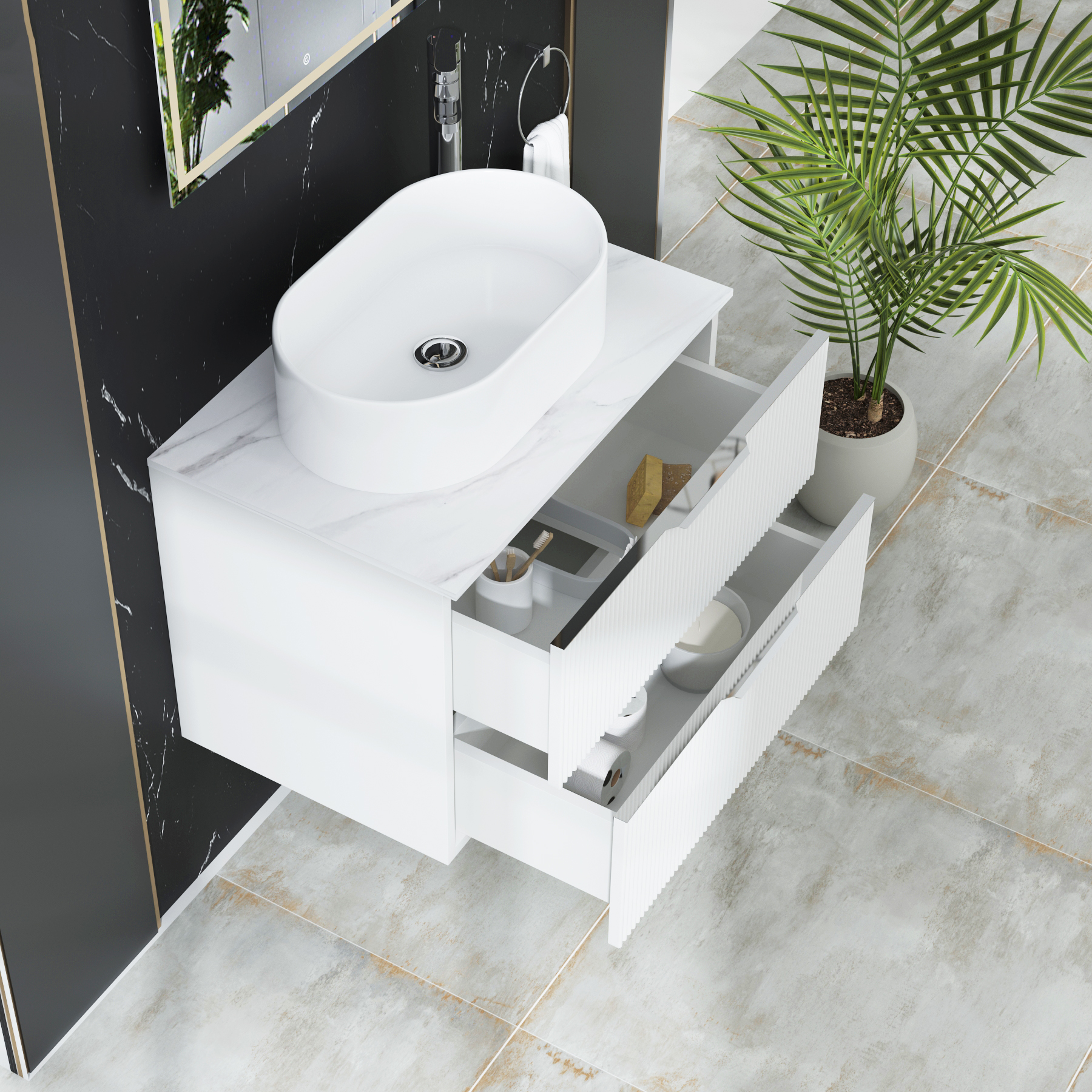 Evora 700mm Matt White Fluted Wall Hung Countertop Vanity Unit 2 Drawer with Peak Basin