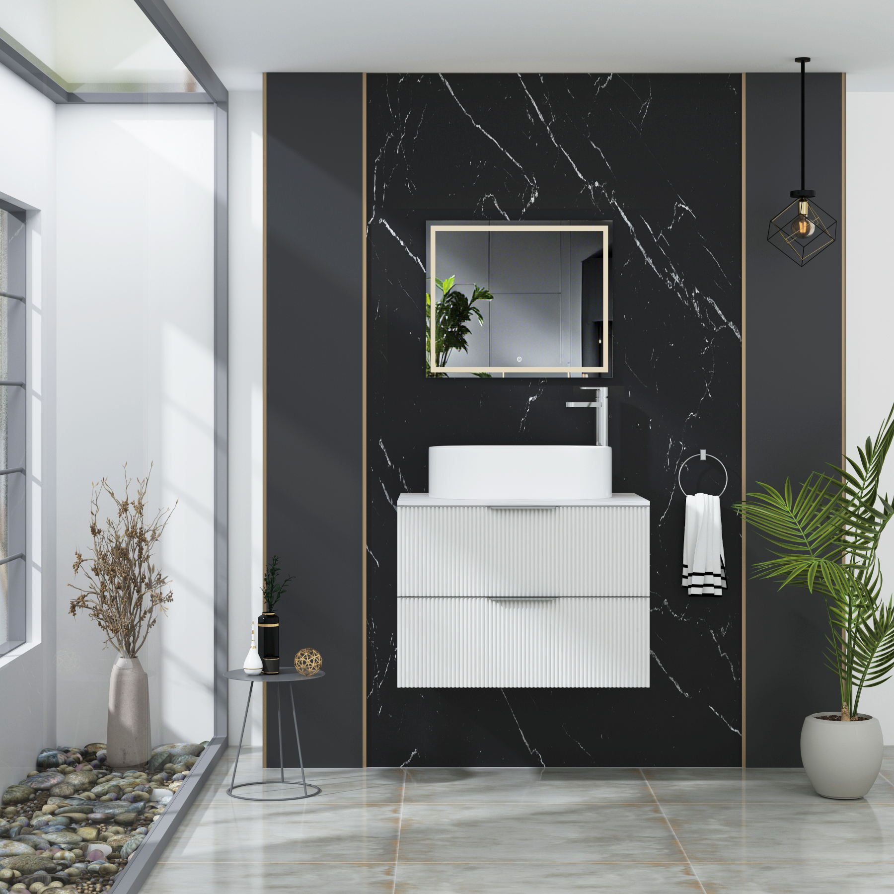 Evora 700mm Matt White Fluted Wall Hung Countertop Vanity Unit 2 Drawer with Peak Basin