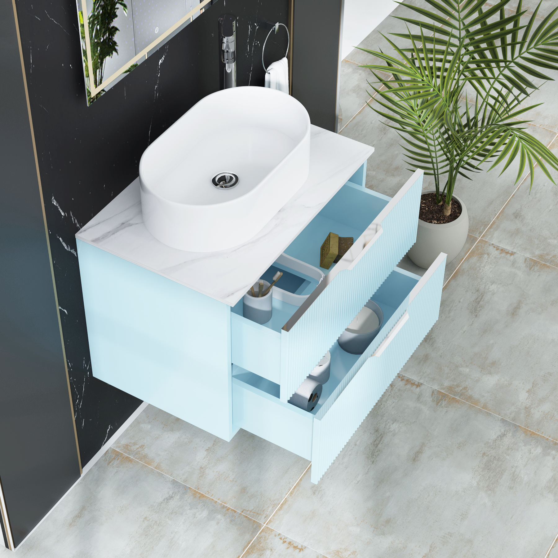 Evora 700mm Powder Blue Fluted Wall Hung Countertop Vanity Unit 2 Drawer with Peak Basin