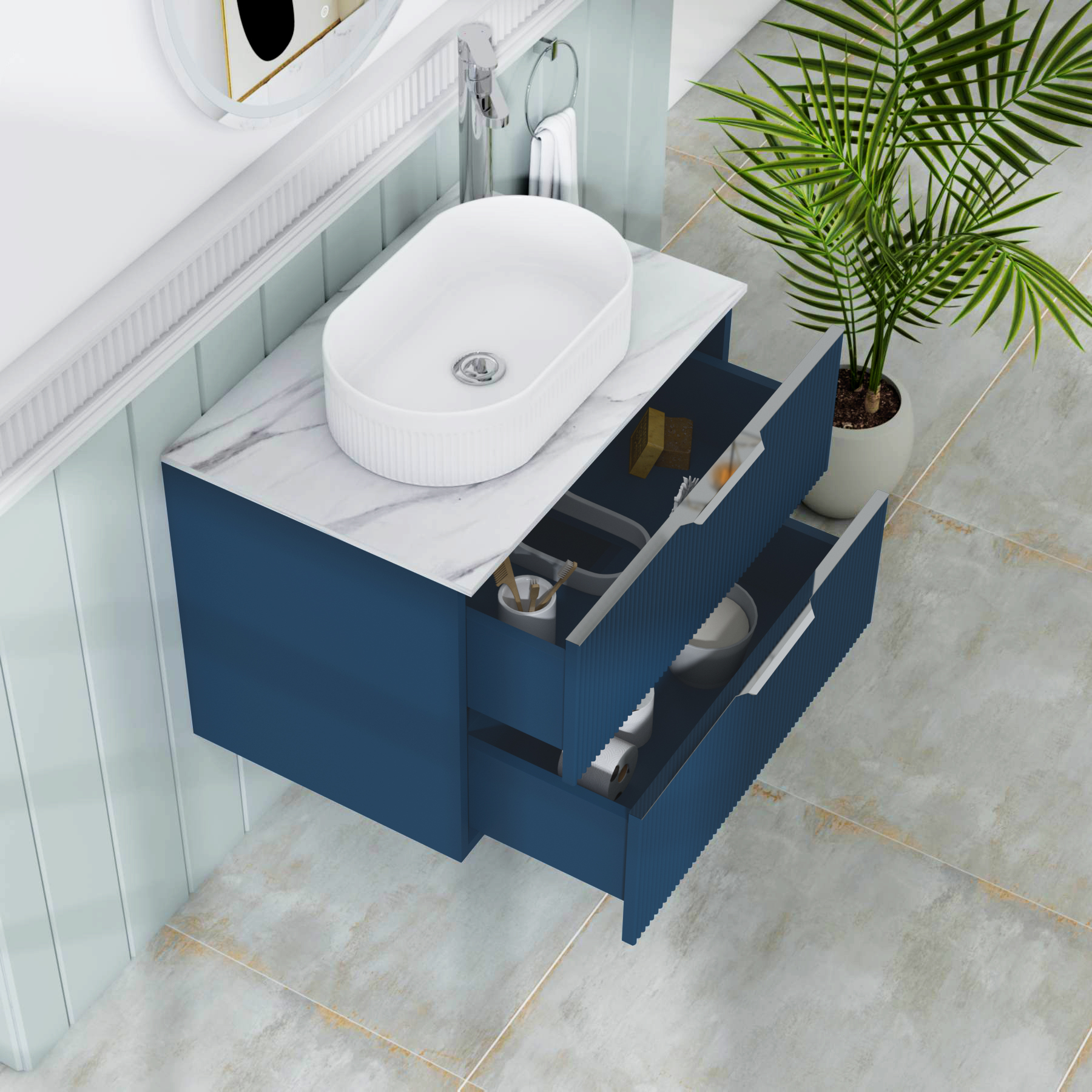 Evora 700mm Midnight Blue Fluted Wall Hung Countertop Vanity Unit 2 Drawer with Lyon Basin