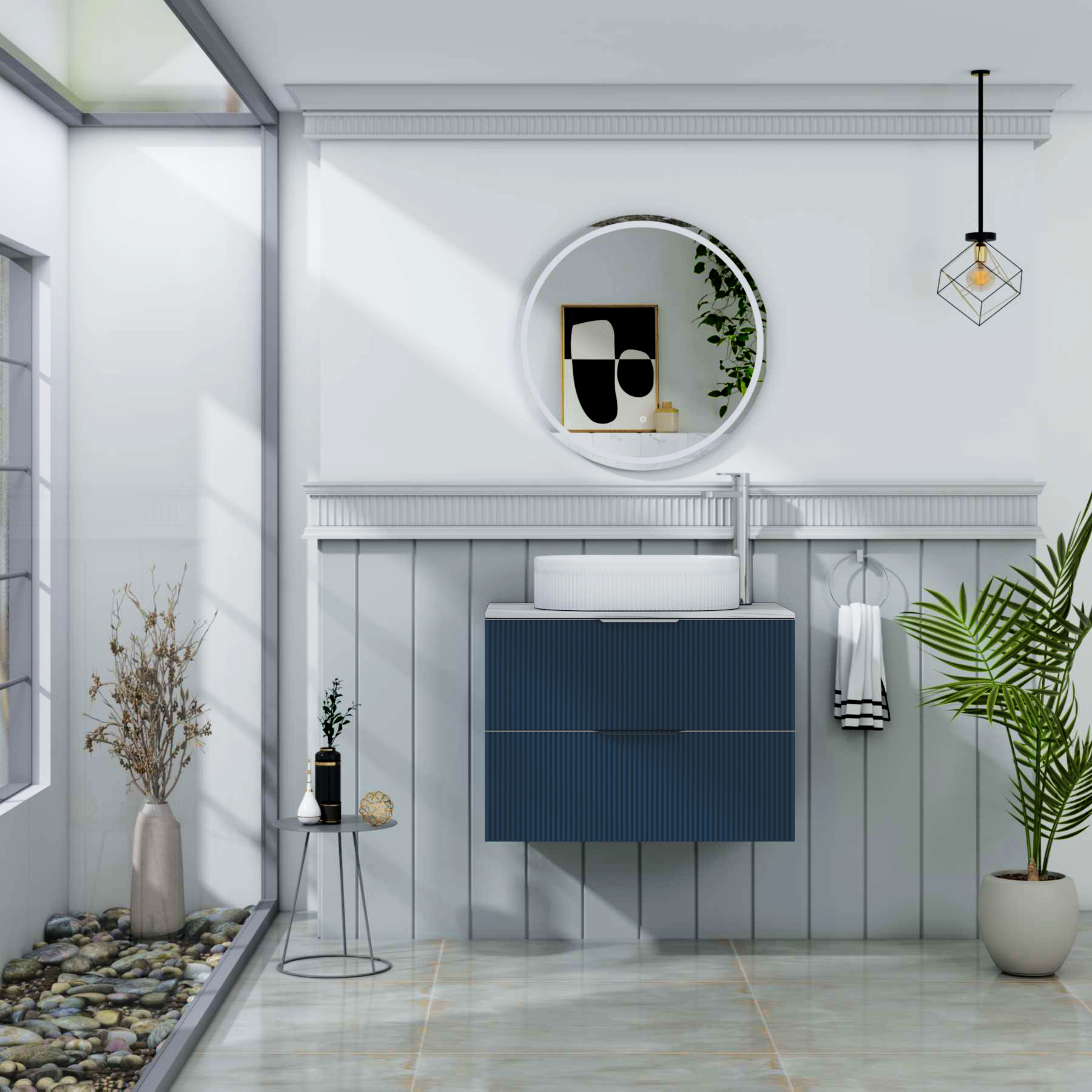 Evora 700mm Midnight Blue Fluted Wall Hung Countertop Vanity Unit 2 Drawer with Lyon Basin
