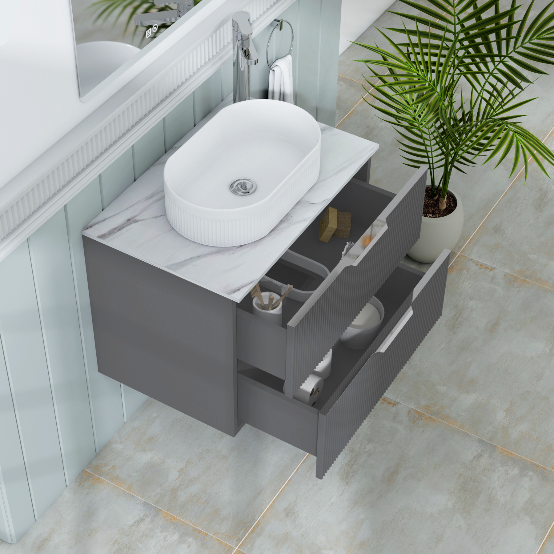 Evora 700mm Graphite Grey Fluted Wall Hung Countertop Vanity Unit 2 Drawer with Lyon Basin