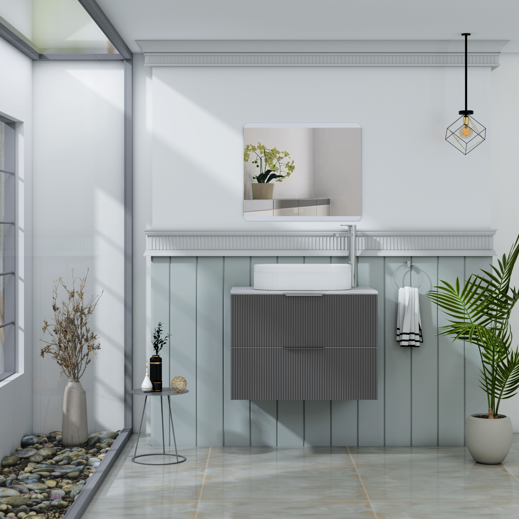 Evora 700mm Graphite Grey Fluted Wall Hung Countertop Vanity Unit 2 Drawer with Lyon Basin