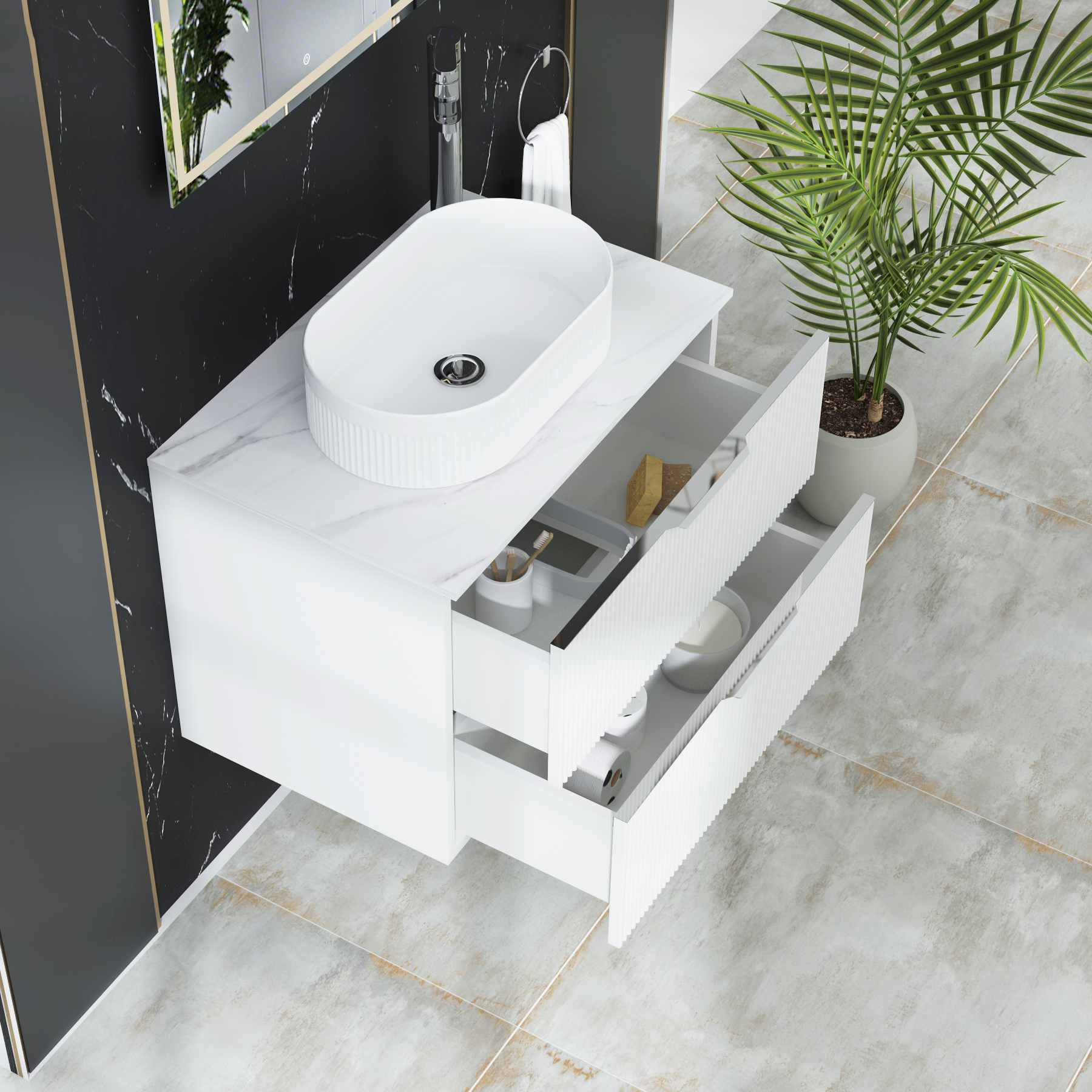 Evora 700mm Matt White Fluted Wall Hung Countertop Vanity Unit 2 Drawer with Lyon Basin