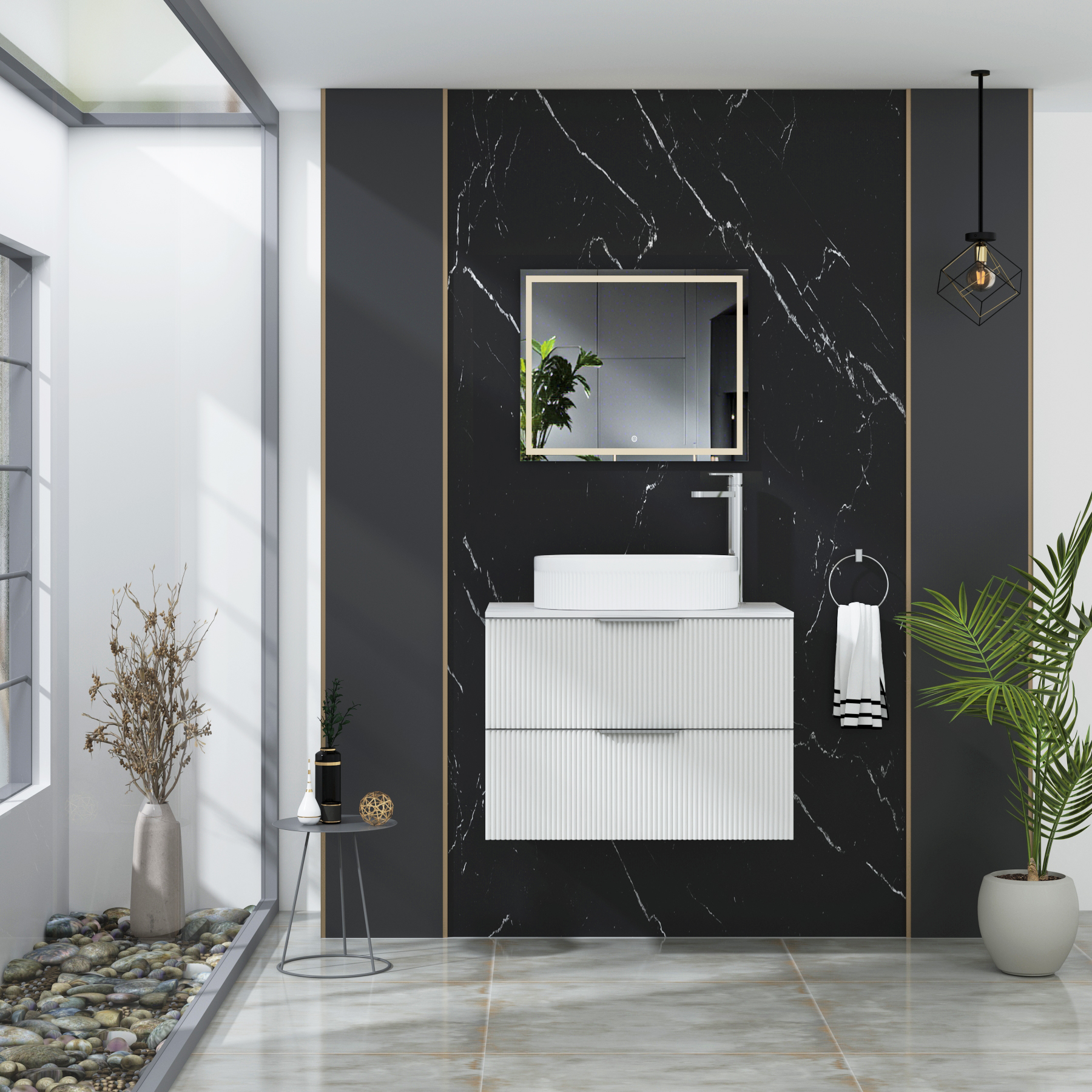 Evora 700mm Matt White Fluted Wall Hung Countertop Vanity Unit 2 Drawer with Lyon Basin