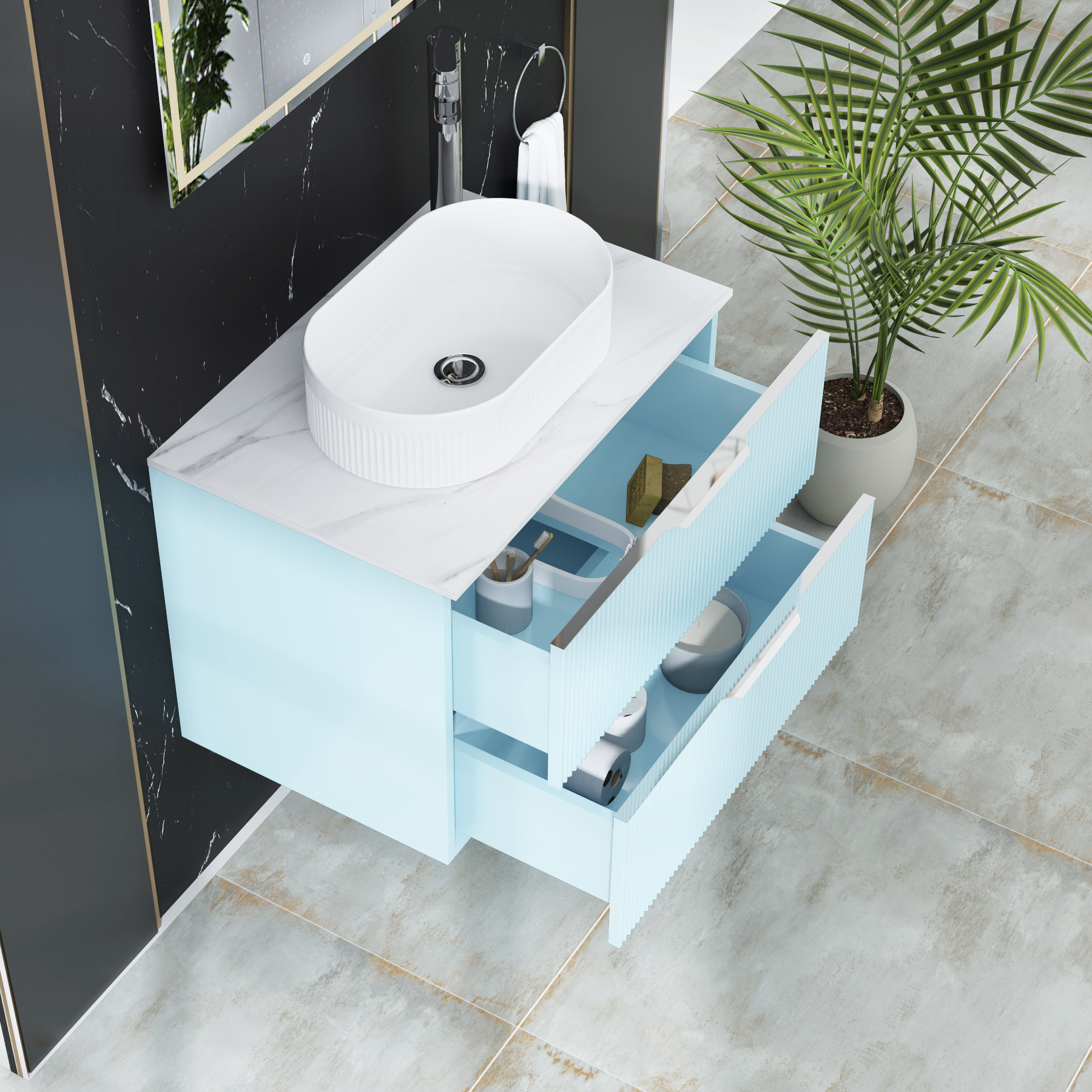 Evora 700mm Powder Blue Fluted Wall Hung Countertop Vanity Unit 2 Drawer with Lyon Basin