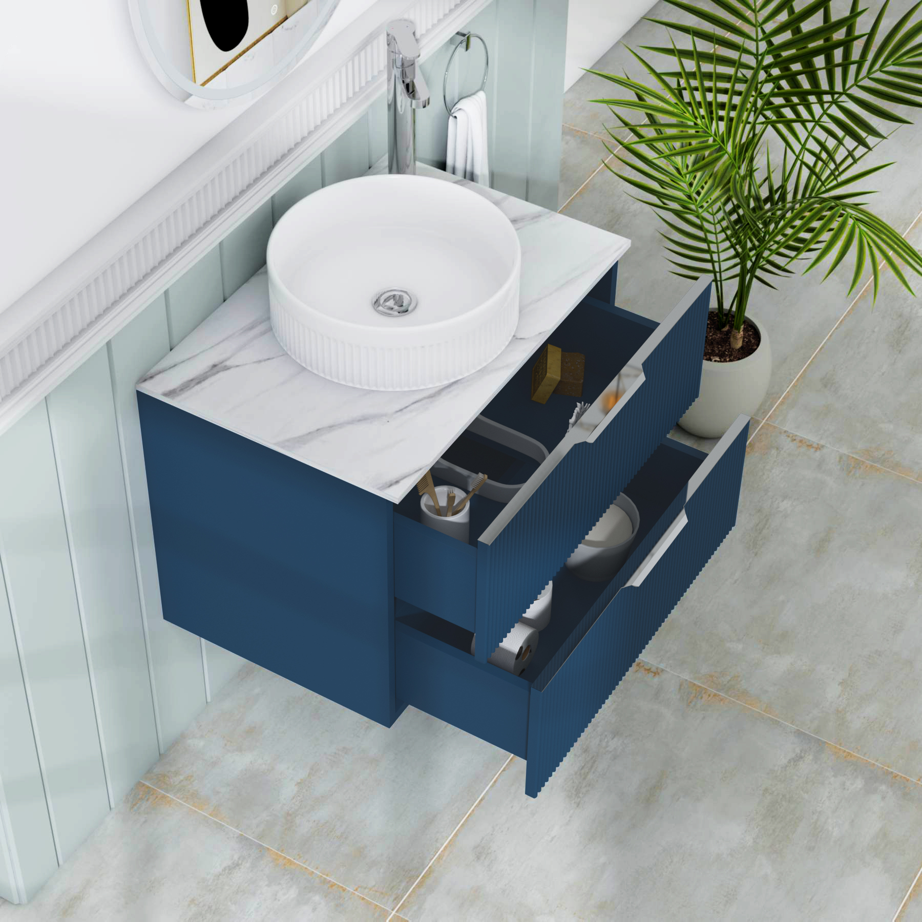 Evora 700mm Midnight Blue Fluted Wall Hung Countertop Vanity Unit 2 Drawer with Round Basin
