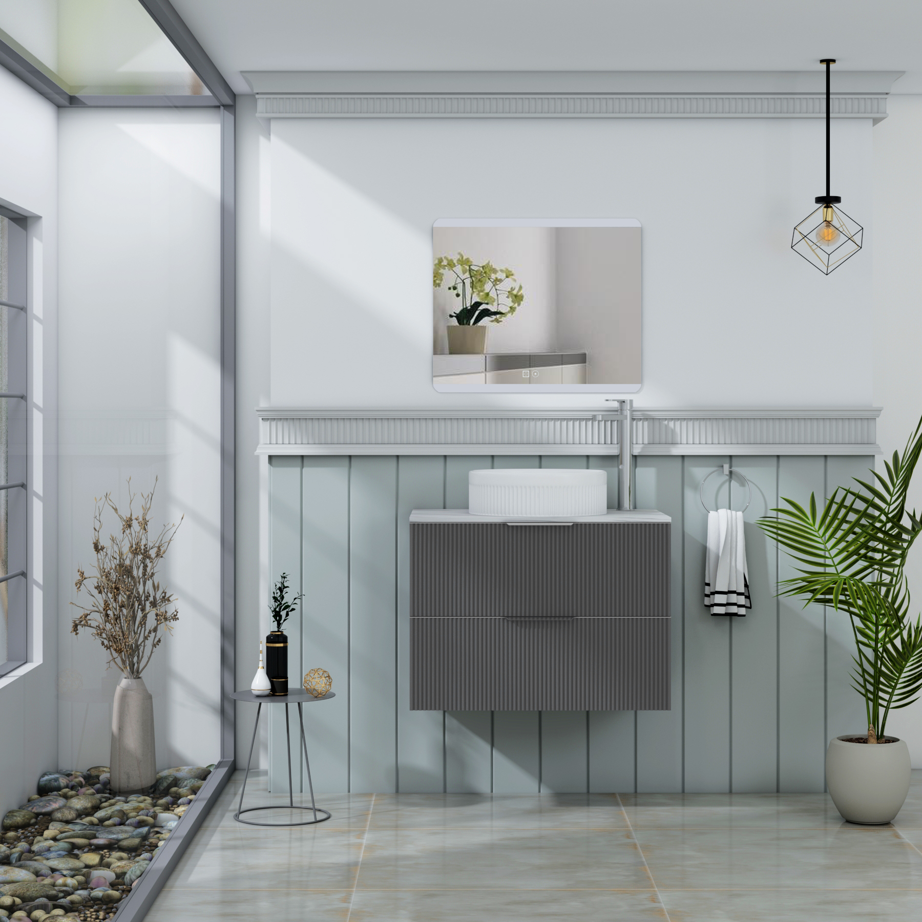 Evora 700mm Graphite Grey Fluted Wall Hung Countertop Vanity Unit 2 Drawer with Round Basin