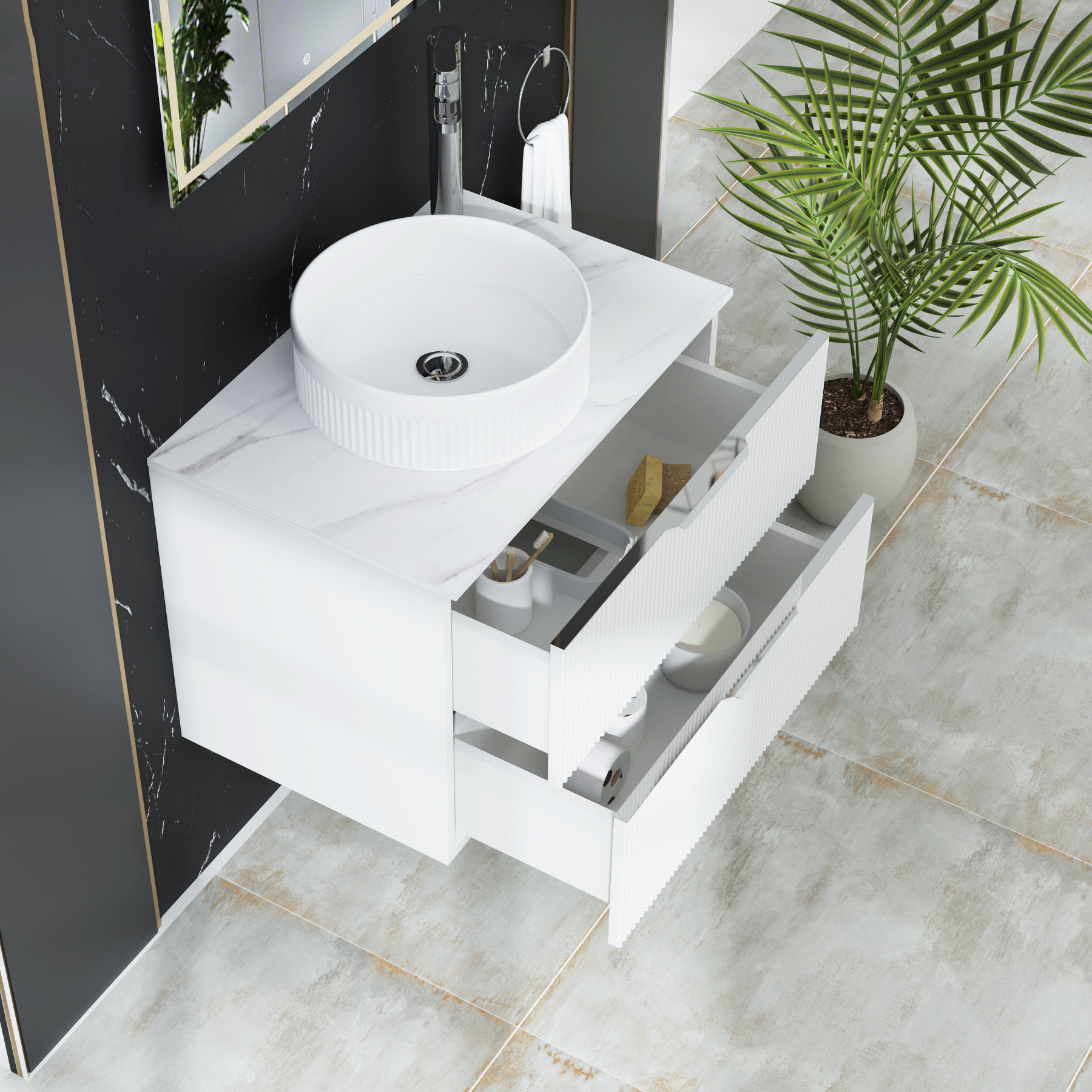 Evora 700mm Matt White Fluted Wall Hung Countertop Vanity Unit 2 Drawer with Round Basin
