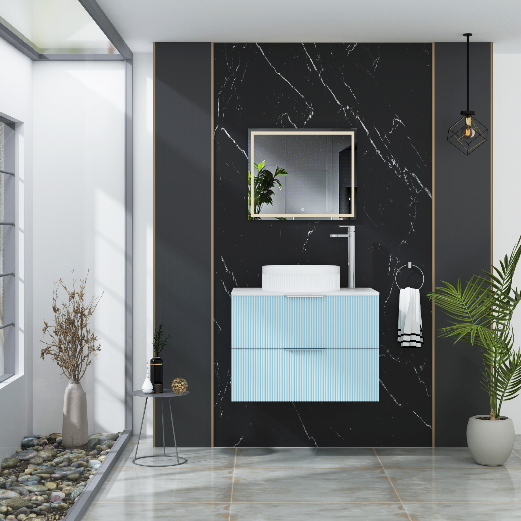 Evora 700mm Powder Blue Fluted Wall Hung Countertop Vanity Unit 2 Drawer with Round Basin