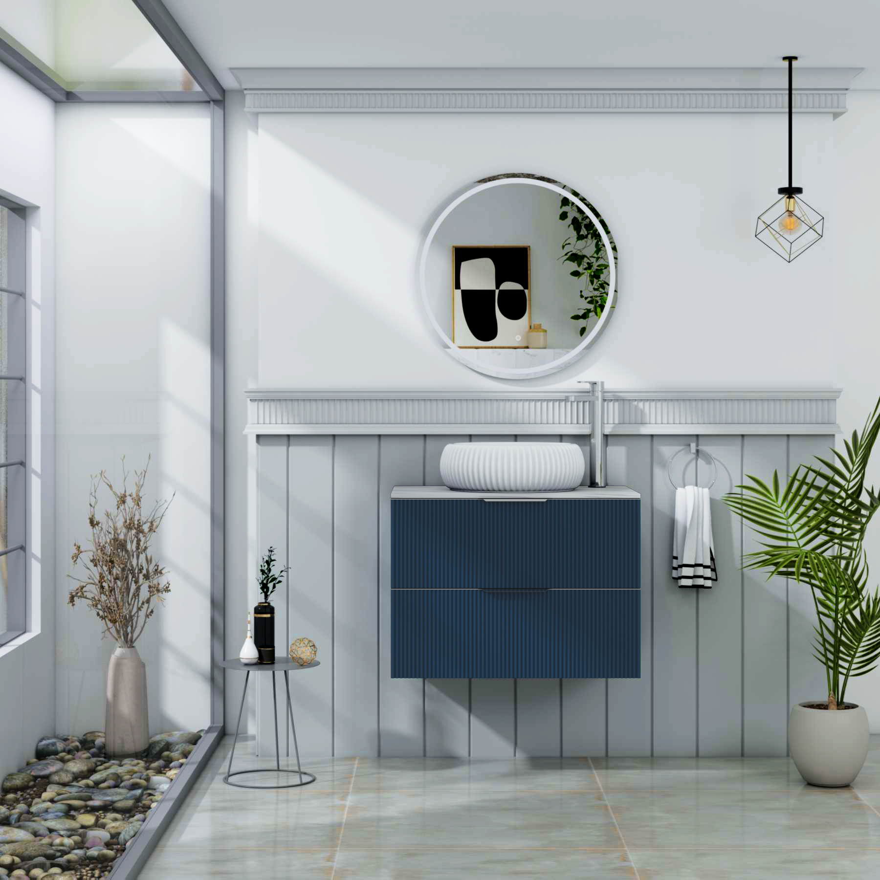 Evora 700mm Midnight Blue Fluted Wall Hung Countertop Vanity Unit 2 Drawer with Milan Basin