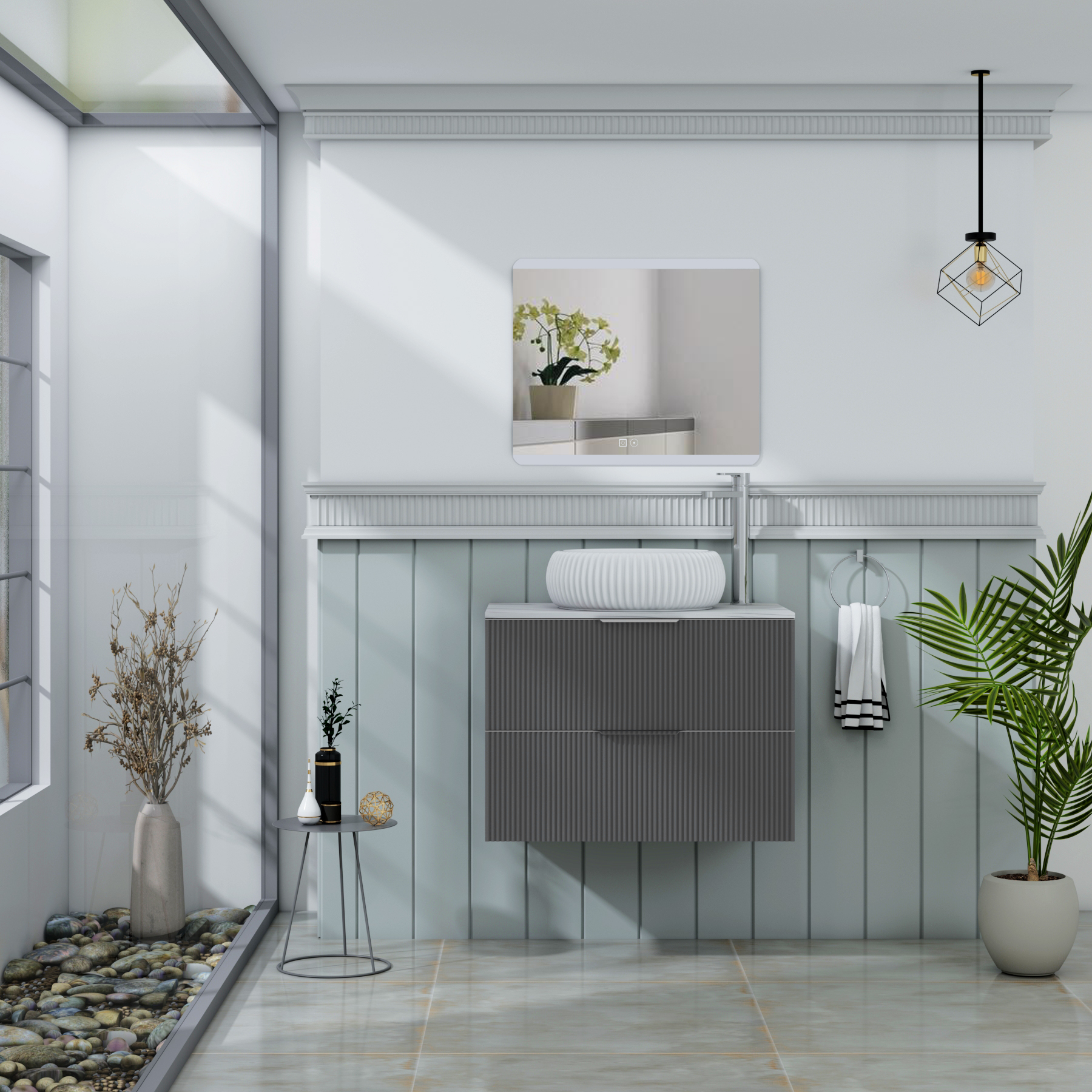 Evora 700mm Graphite Grey Fluted Wall Hung Countertop Vanity Unit 2 Drawer with Milan Basin