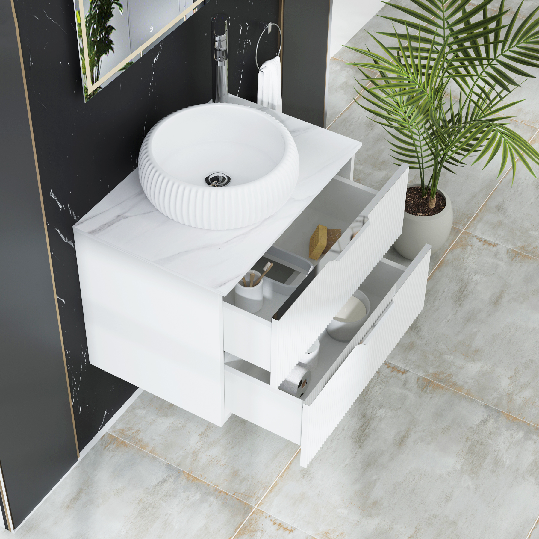 Evora 700mm Matt White Fluted Wall Hung Countertop Vanity Unit 2 Drawer with Milan Basin