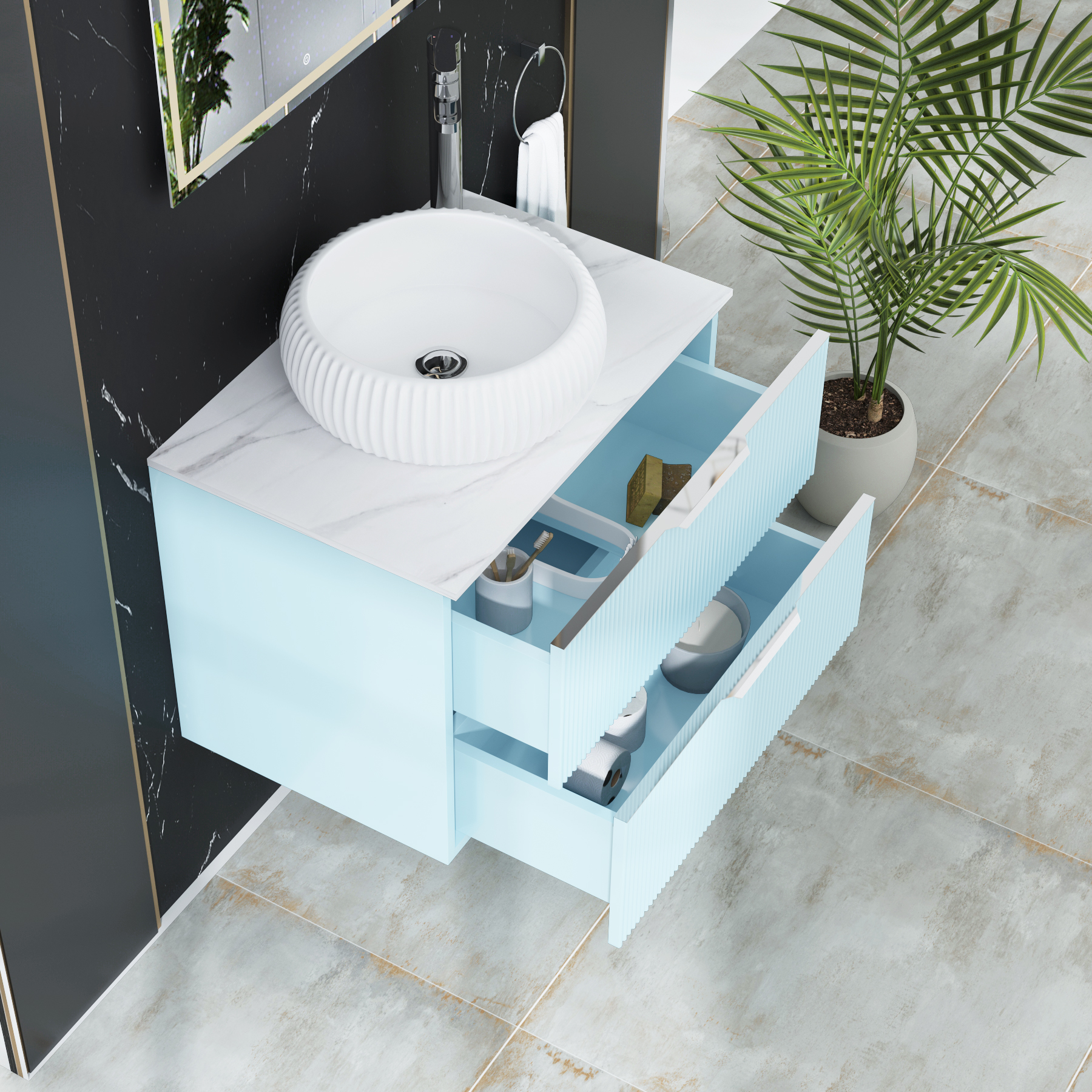 Evora 700mm Powder Blue Fluted Wall Hung Countertop Vanity Unit 2 Drawer with Milan Basin