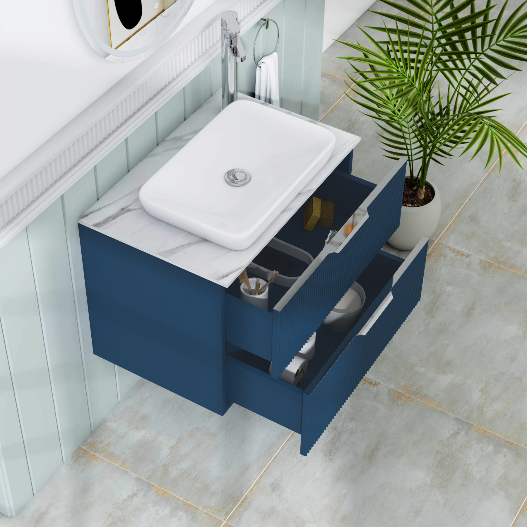 Evora 700mm Midnight Blue Fluted Wall Hung Countertop Vanity Unit 2 Drawer with Qubix Basin
