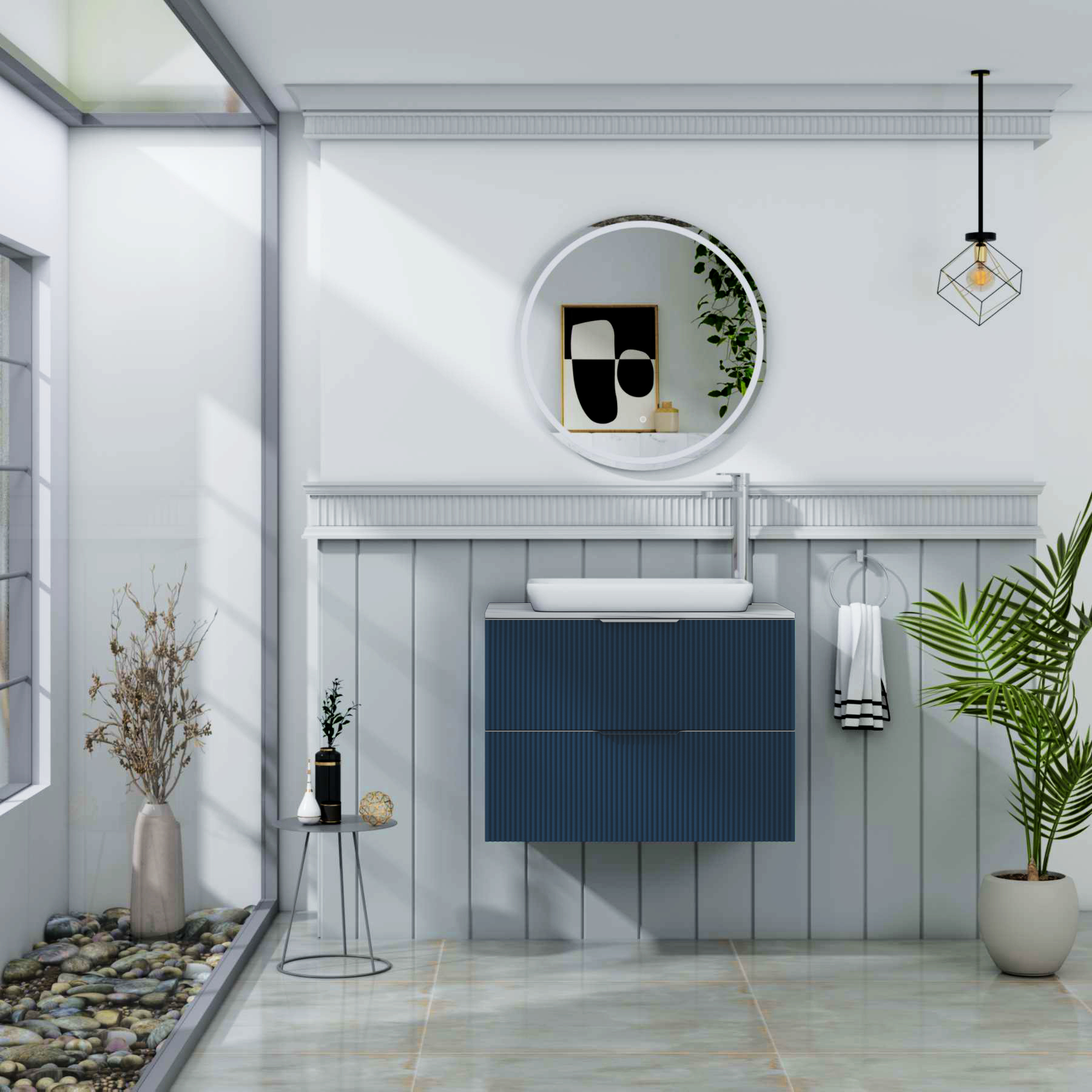 Evora 700mm Midnight Blue Fluted Wall Hung Countertop Vanity Unit 2 Drawer with Qubix Basin