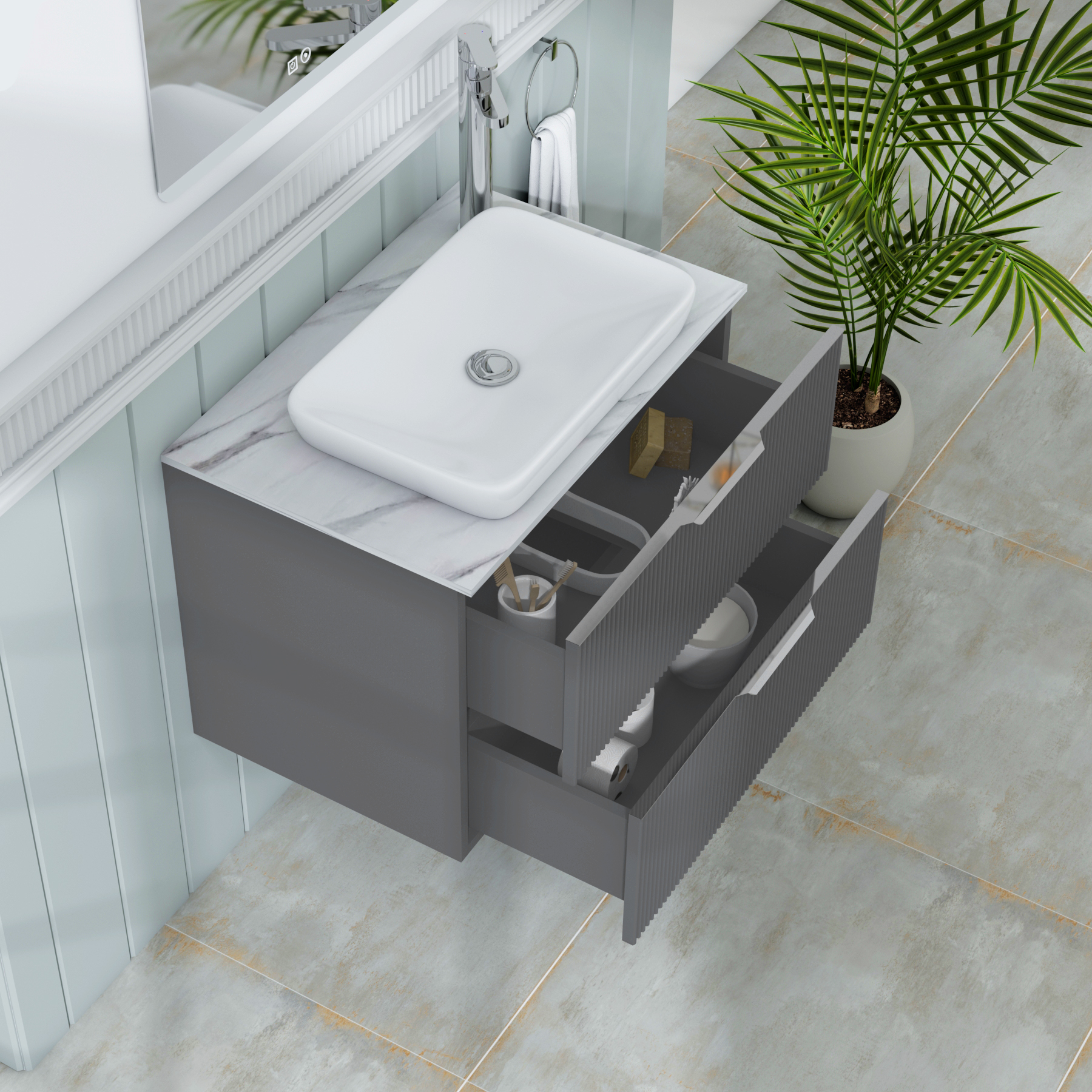 Evora 700mm Graphite Grey Fluted Wall Hung Countertop Vanity Unit 2 Drawer with Qubix Basin