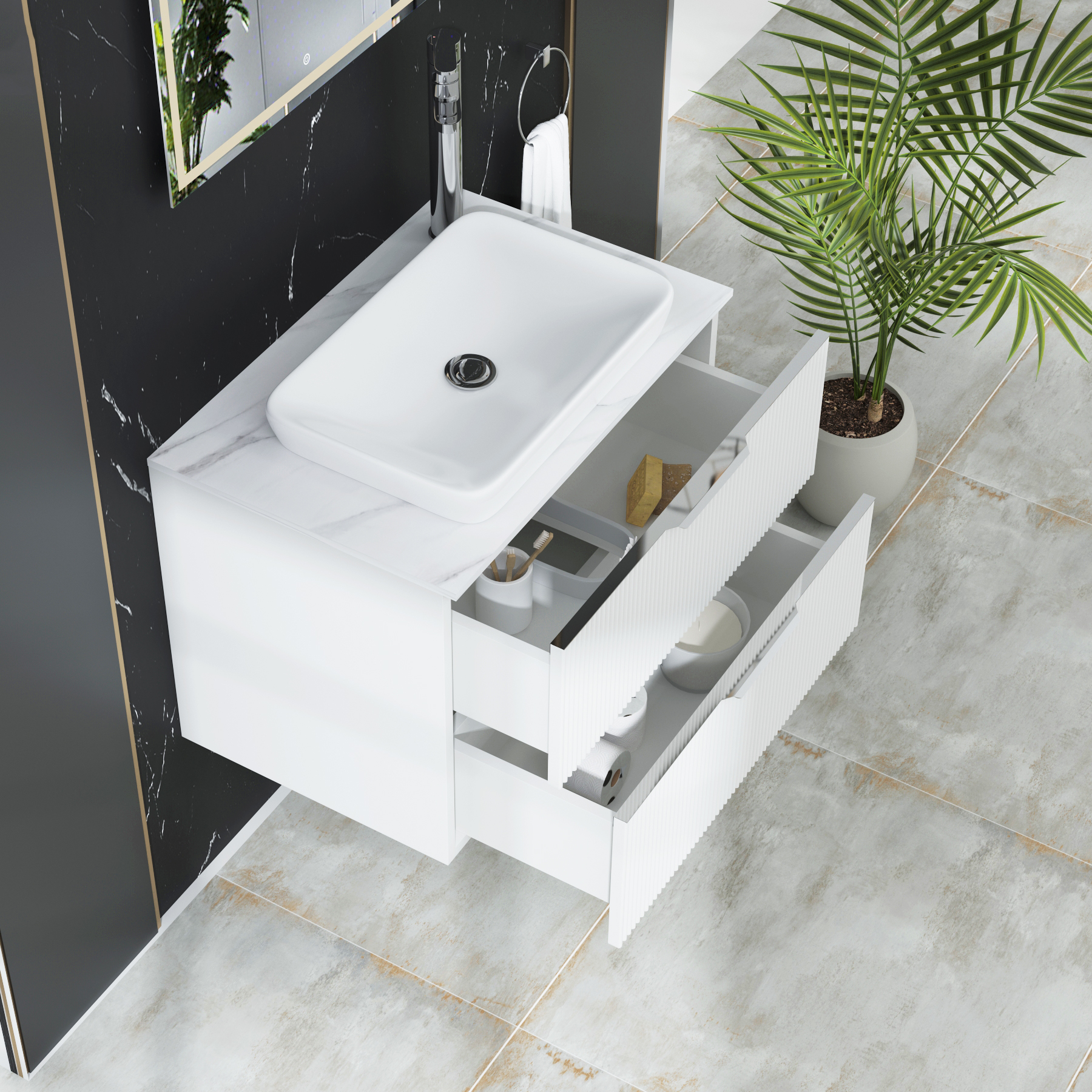 Evora 700mm Matt White Fluted Wall Hung Countertop Vanity Unit 2 Drawer with Qubix Basin