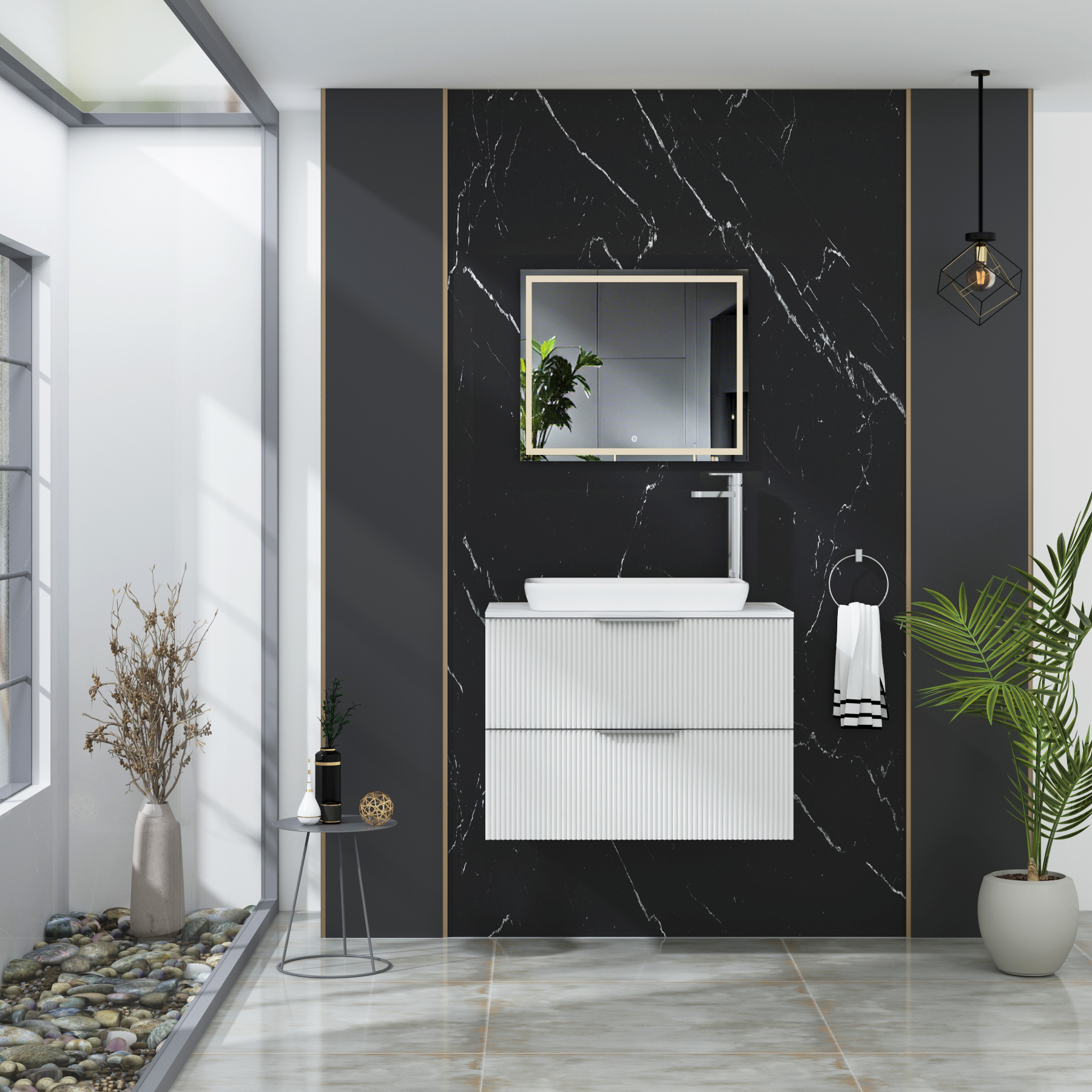 Evora 700mm Matt White Fluted Wall Hung Countertop Vanity Unit 2 Drawer with Qubix Basin
