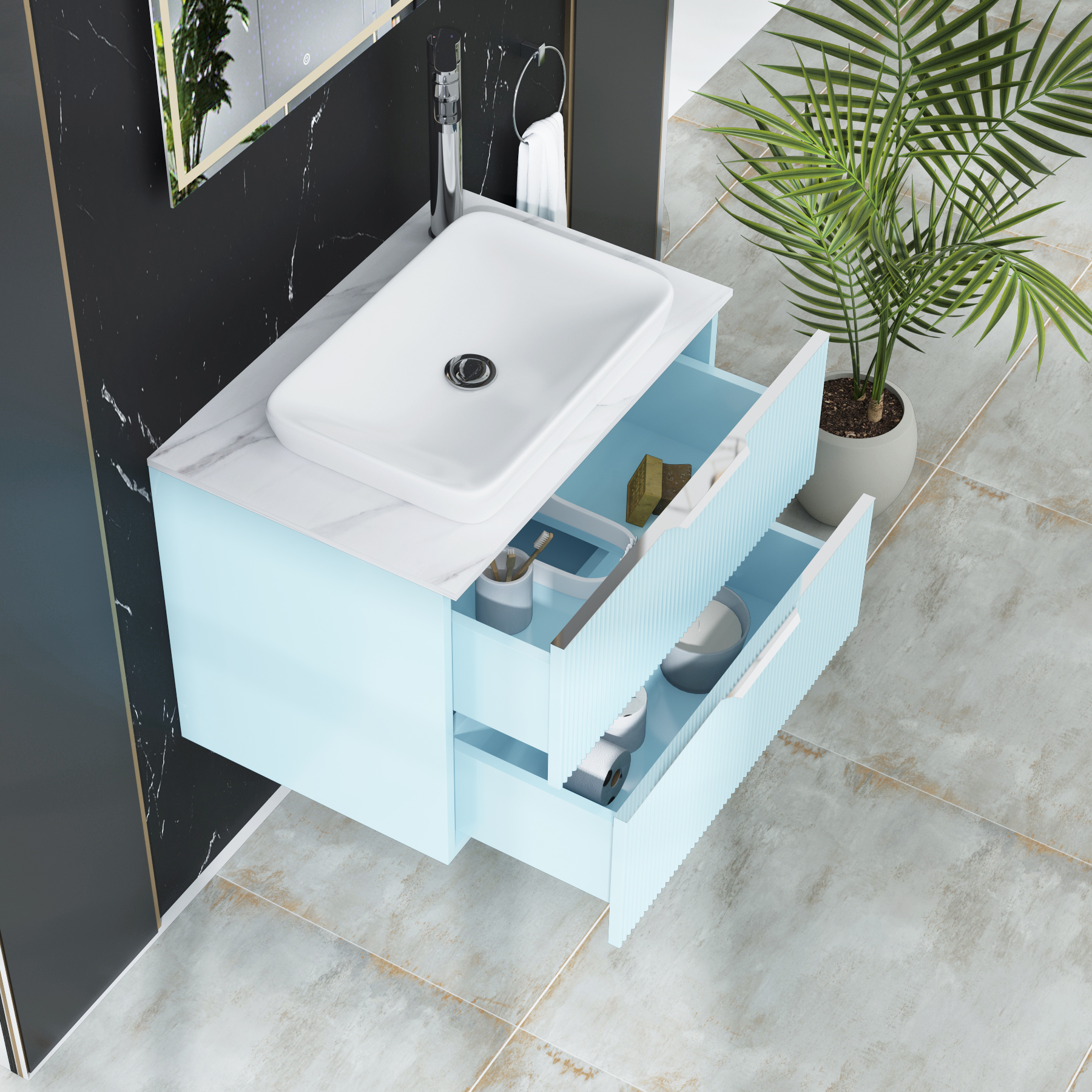 Evora 700mm Powder Blue Fluted Wall Hung Countertop Vanity Unit 2 Drawer with Qubix Basin