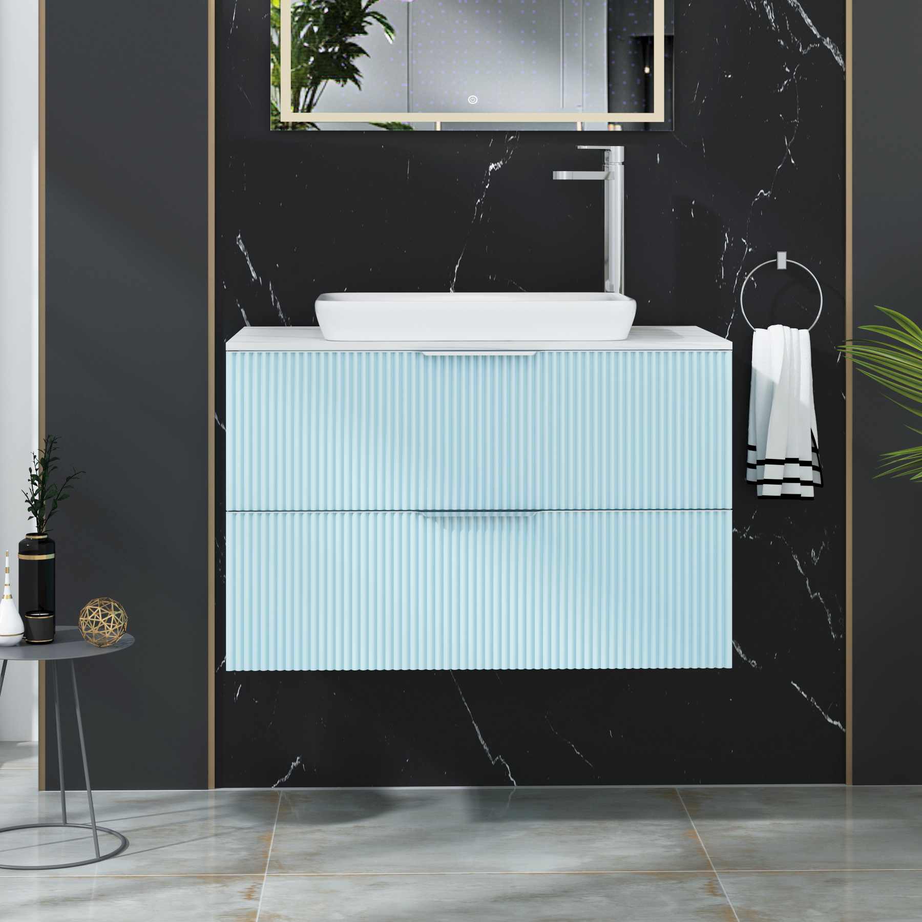 Evora 800mm Matt Blue Fluted Wall Hung Countertop Vanity Unit 2 Drawer with Qubix Basin
