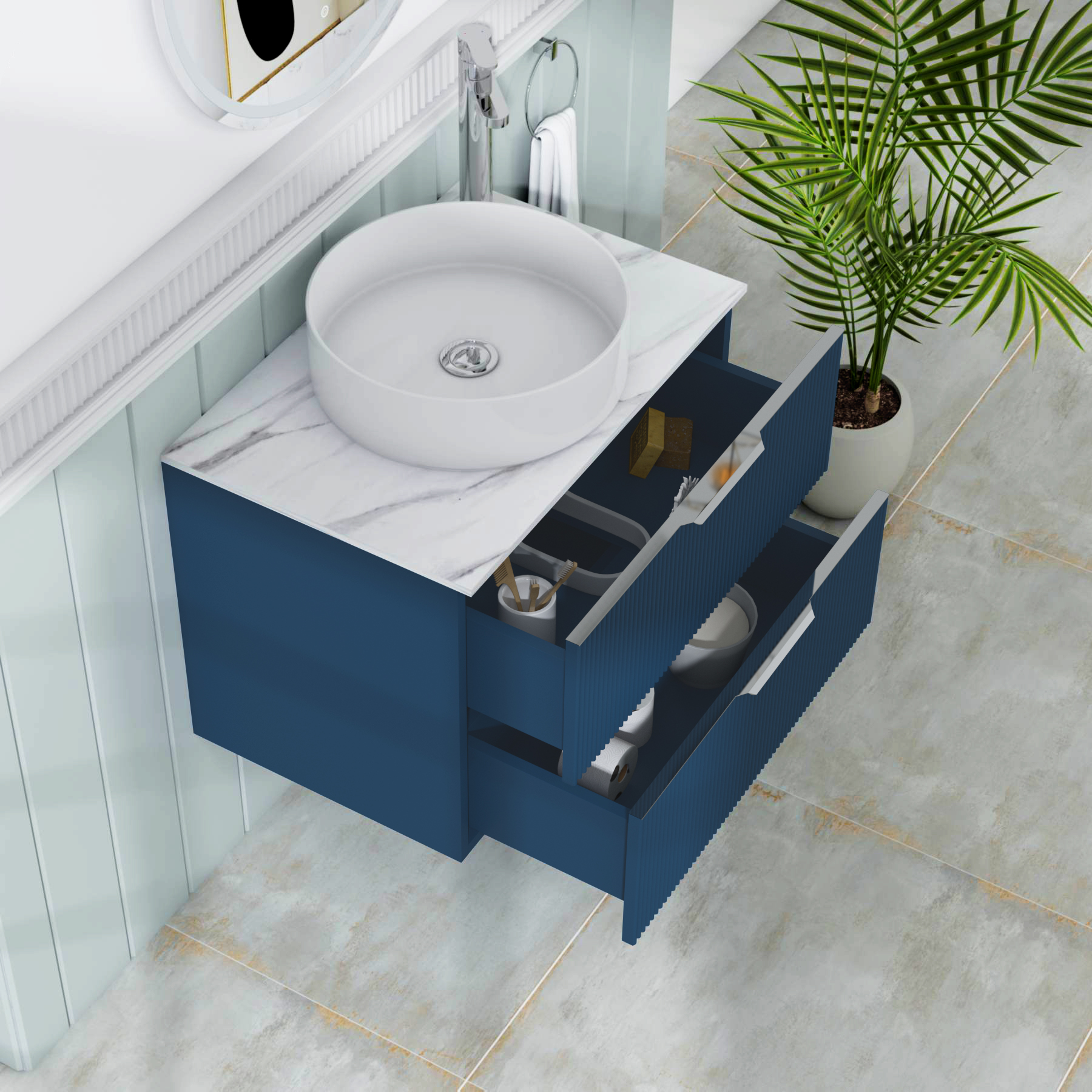 Evora 700mm Midnight Blue Fluted Wall Hung Countertop Vanity Unit 2 Drawer with Art Basin