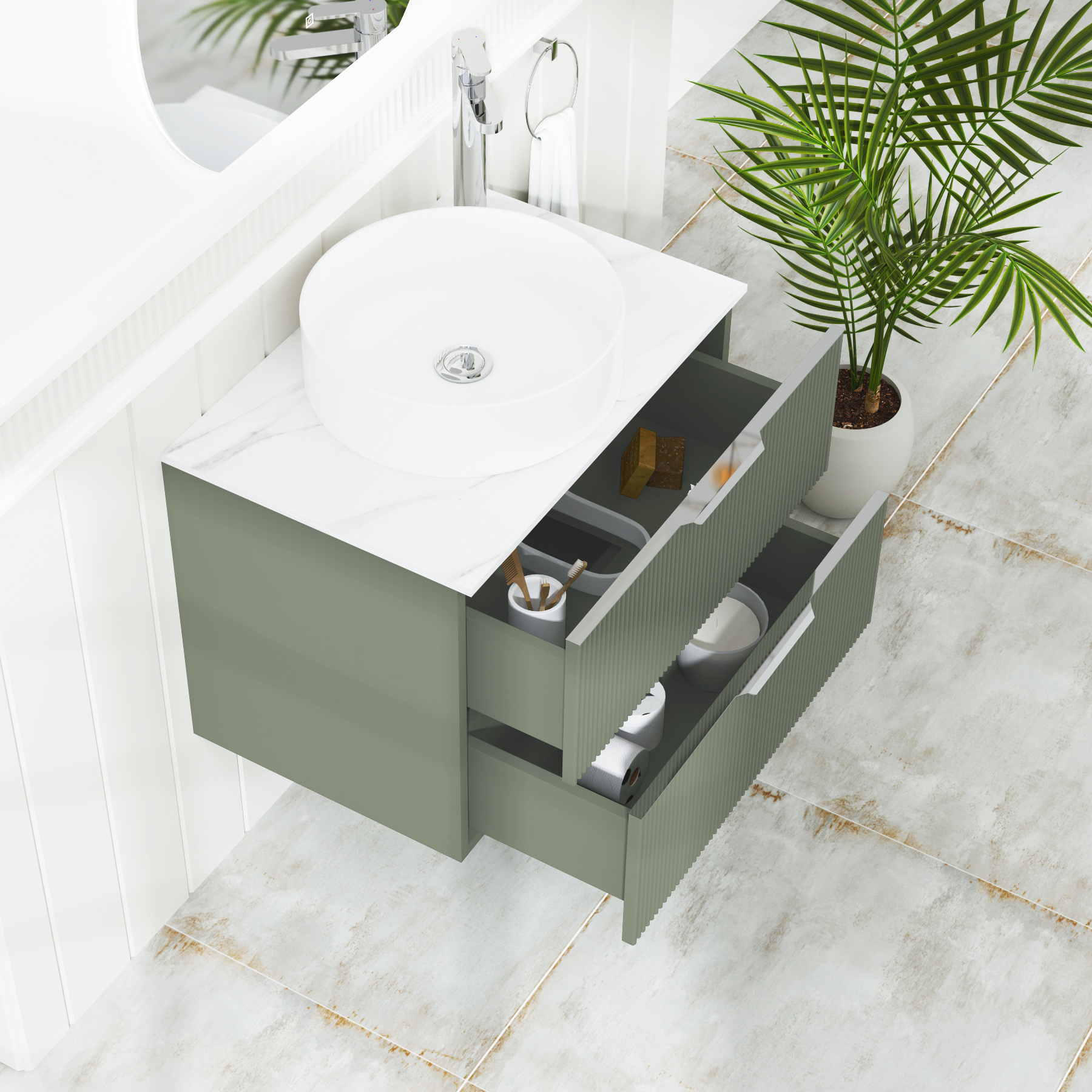 Evora 700mm Sage Green Fluted Wall Hung Countertop Vanity Unit 2 Drawer with Art Basin